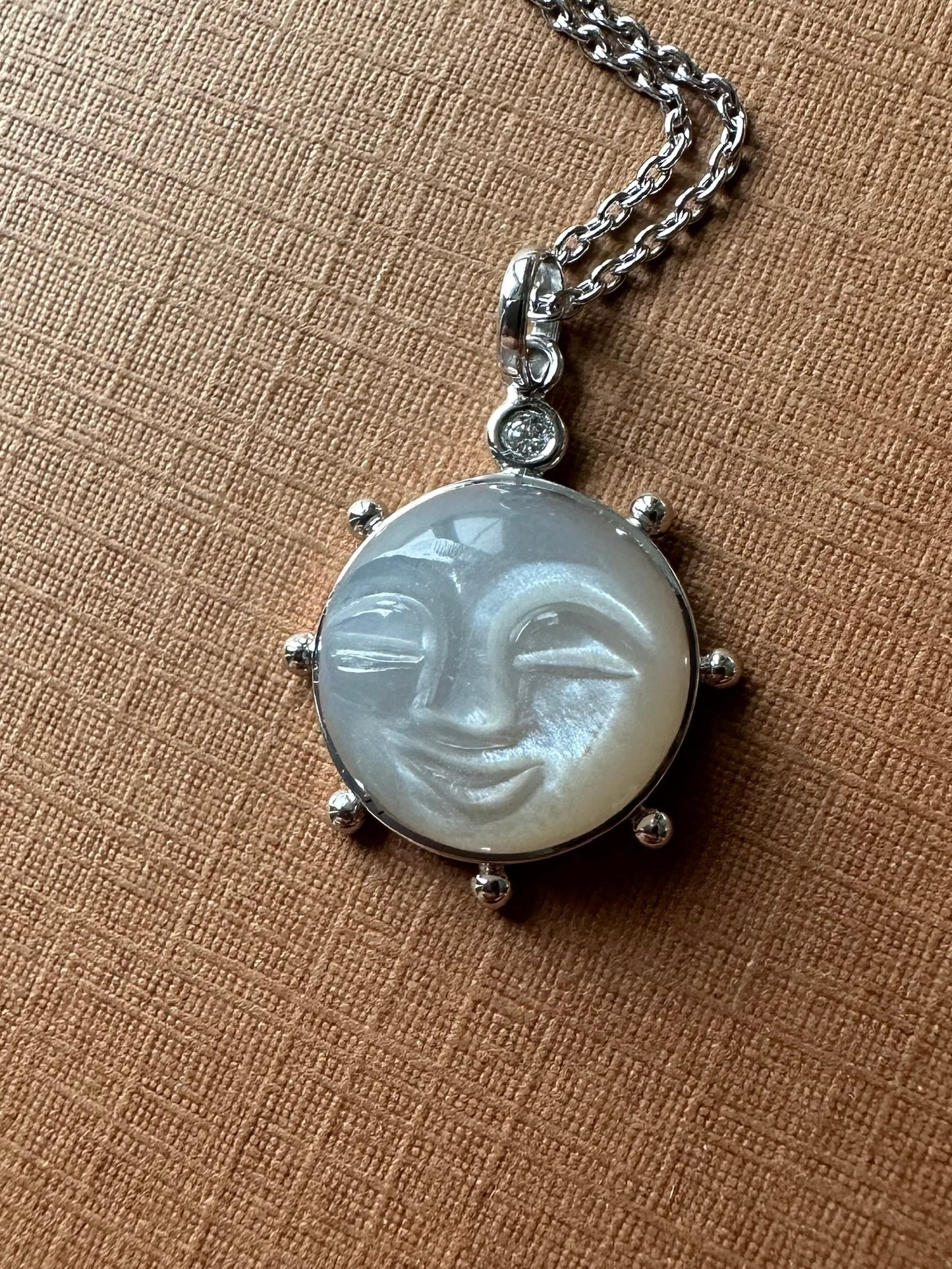 14k Solid White Gold, Grey Moonstone, Diamond “Sun” Pendant, Small Size