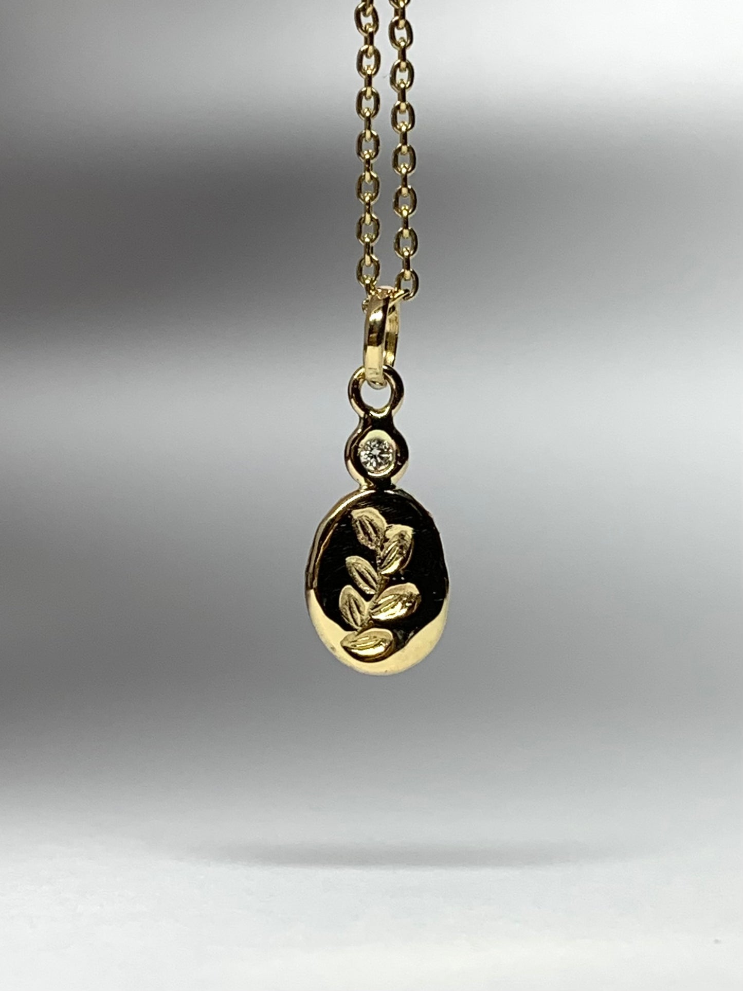 18k Solid Yellow Gold Nugget “Olive Branch”, Natural White Diamond, Mini Size Pendant Charm