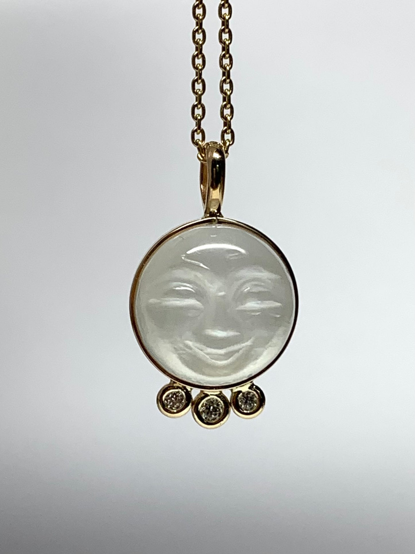 14k Solid Yellow Gold, White Moonstone, White Diamonds “Moon and Stars” Pendant, Small Size