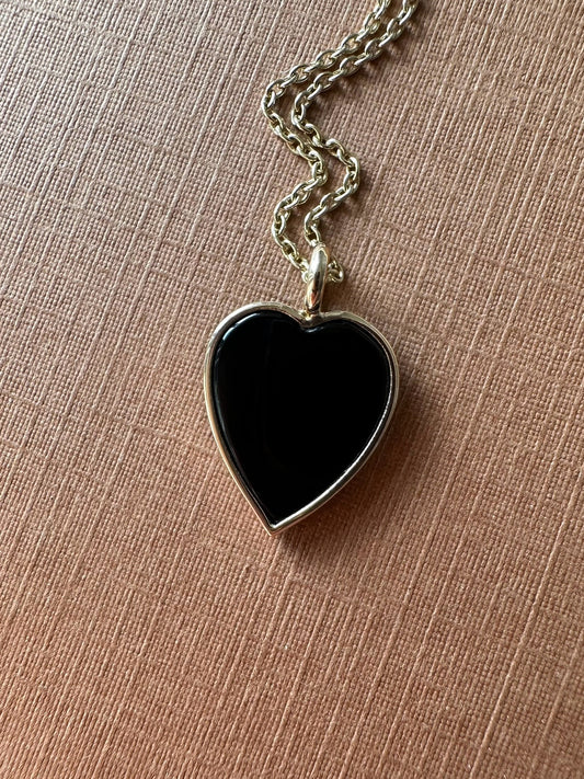 14K Solid Yellow Gold, Black Onyx "Heart" Pendant, Mini Size