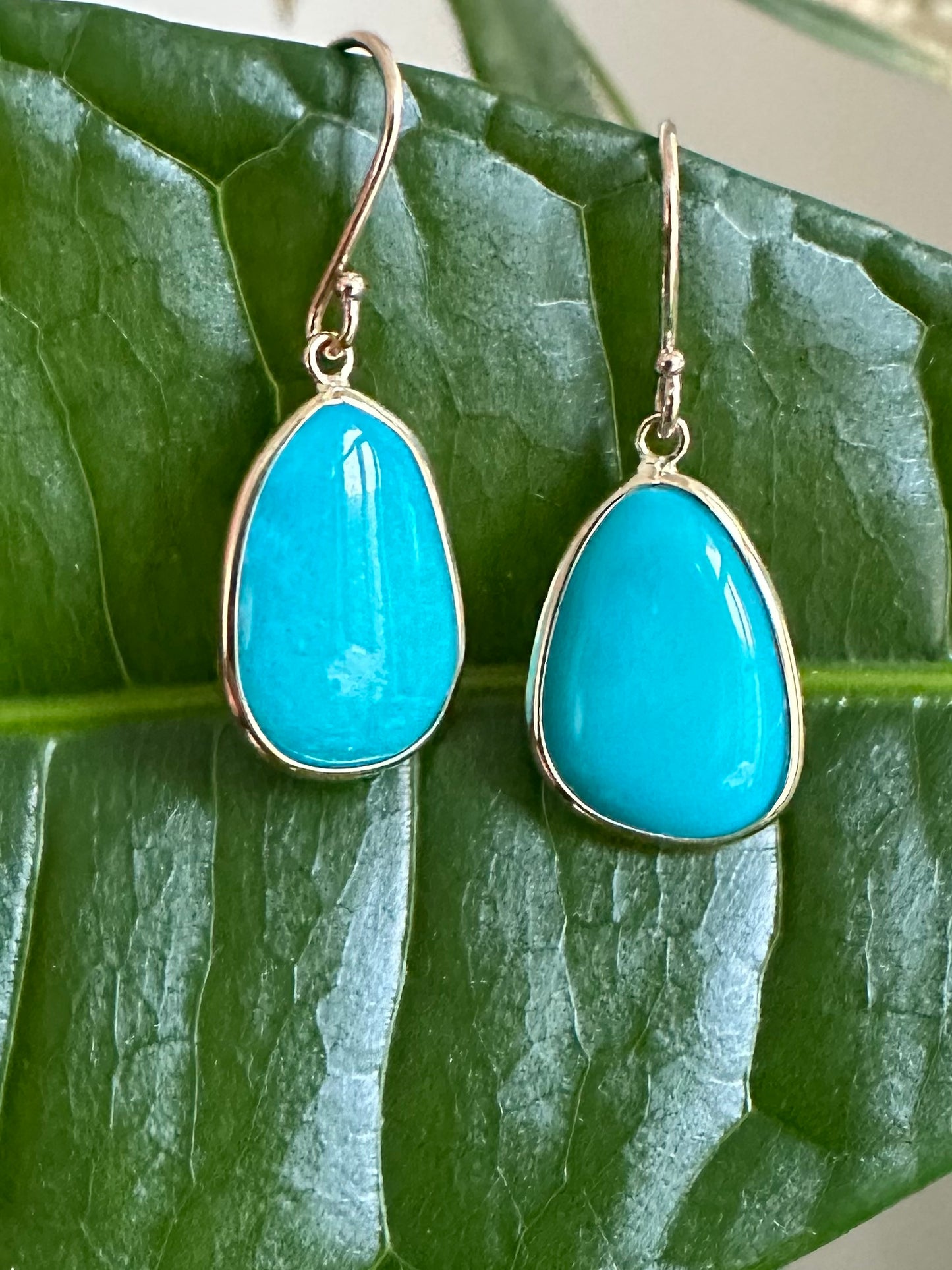 18k Solid Yellow Gold, Natural Sleeping Beauty Turquoise Drop Earrings