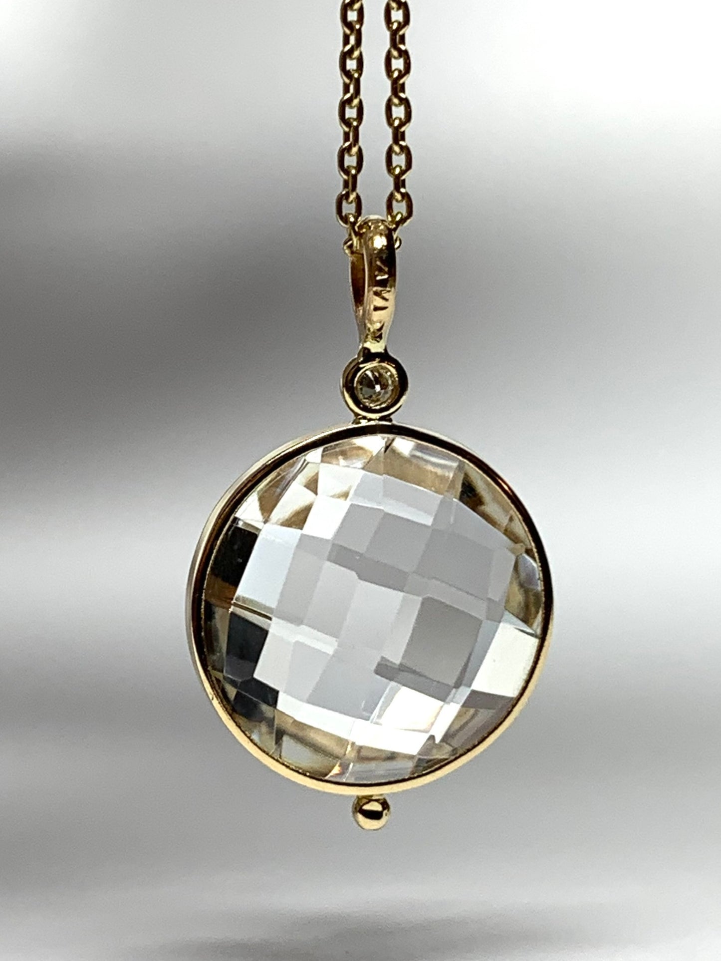 14K Solid Yellow Gold, Diamond, Round Clear Quartz Drop Pendant