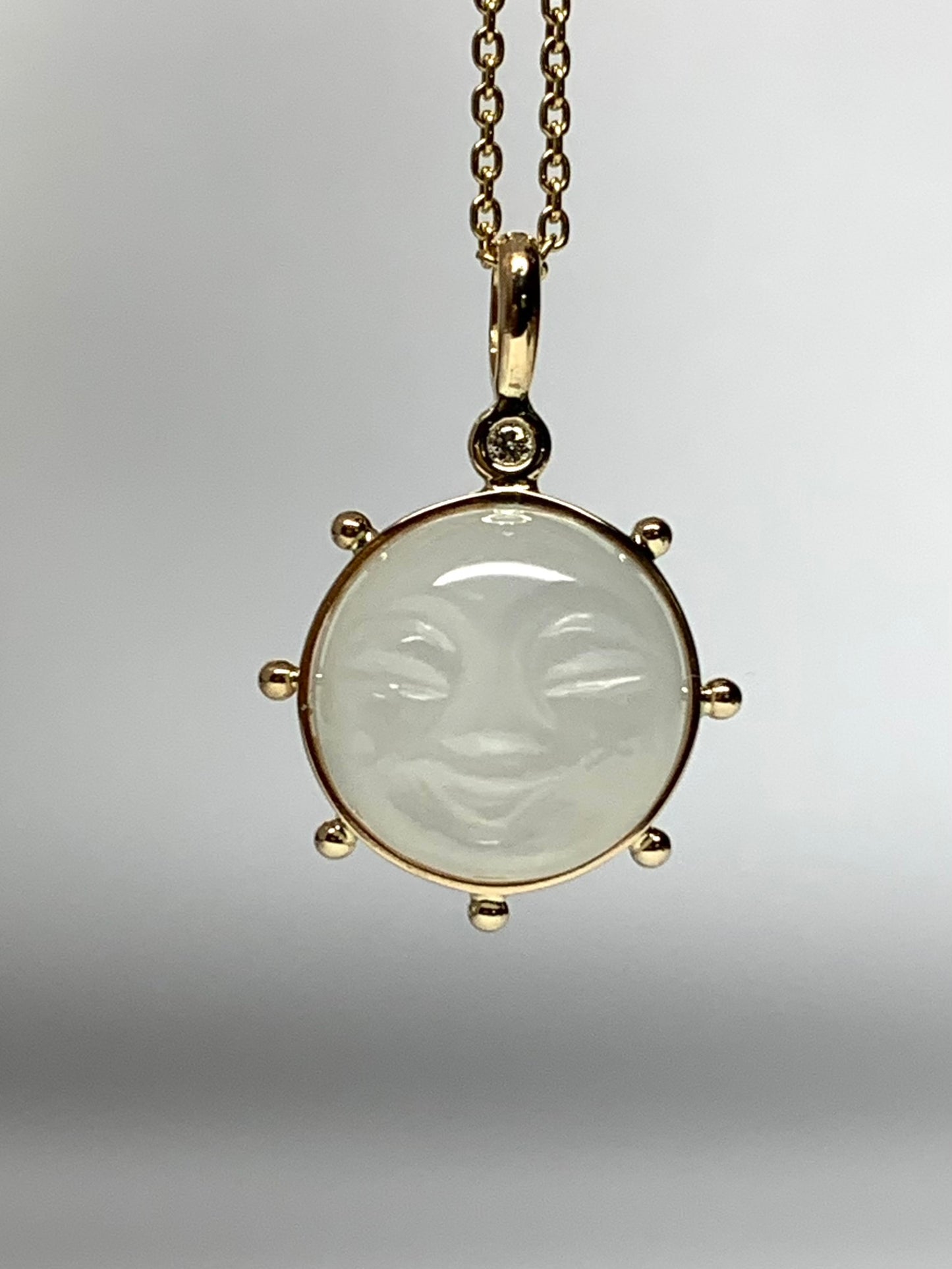 14k Solid Yellow Gold, White Moonstone, White Diamond “Sun” Pendant, Small Size