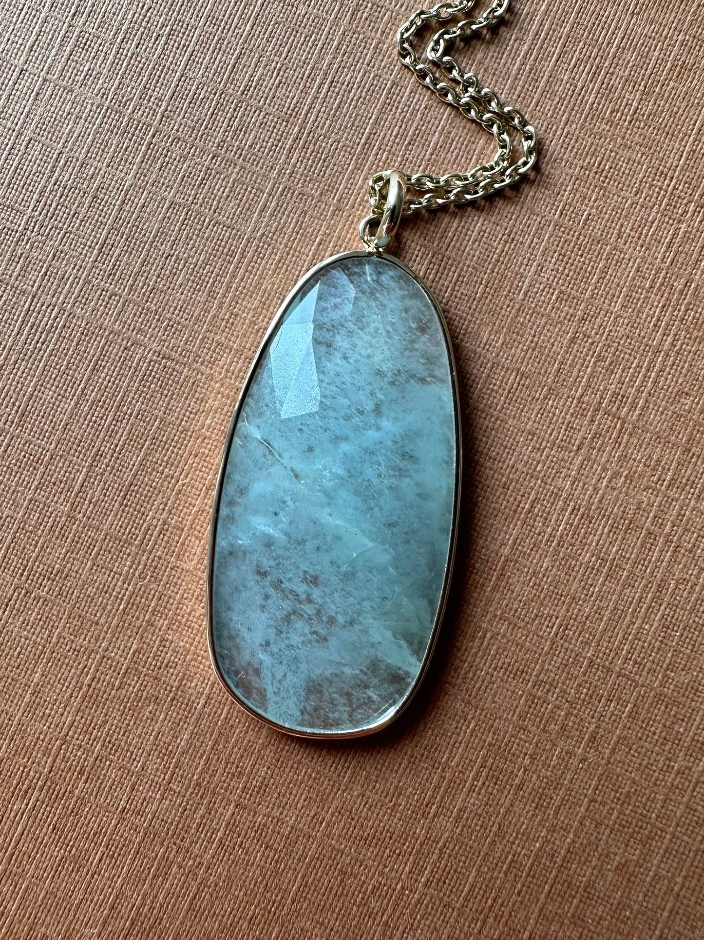 14k Solid Yellow Gold, Opaque Aquamarine Pendant