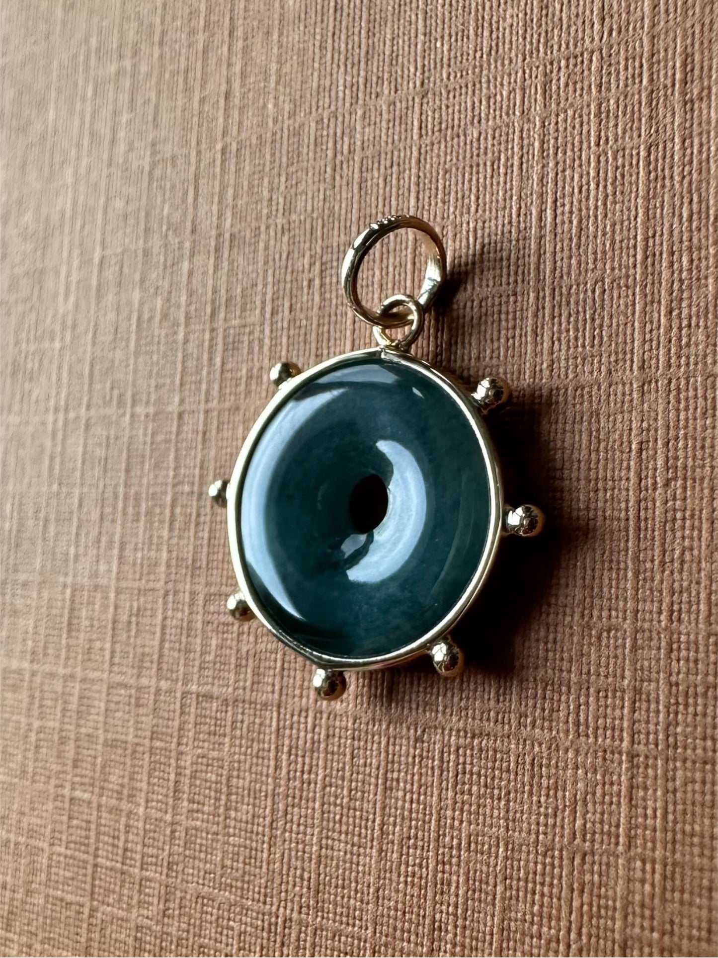 14k Solid Yellow Gold, Natural Green Jade Donut “Sun” Pendant, Mini Size