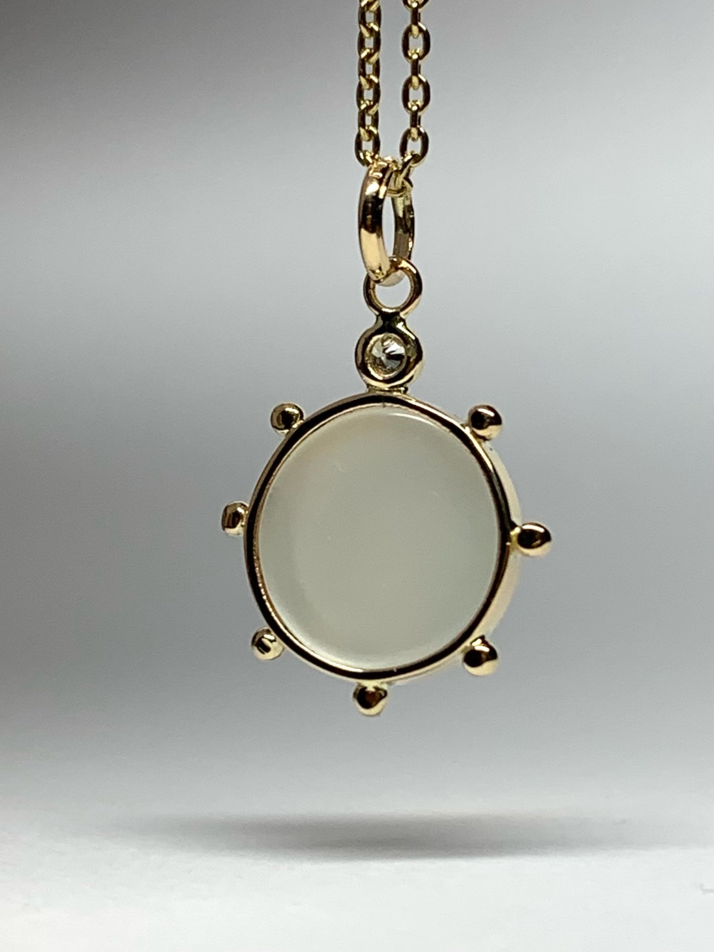 14k Solid Yellow Gold, White Moonstone, Diamond “Sun” Pendant, Mini Size