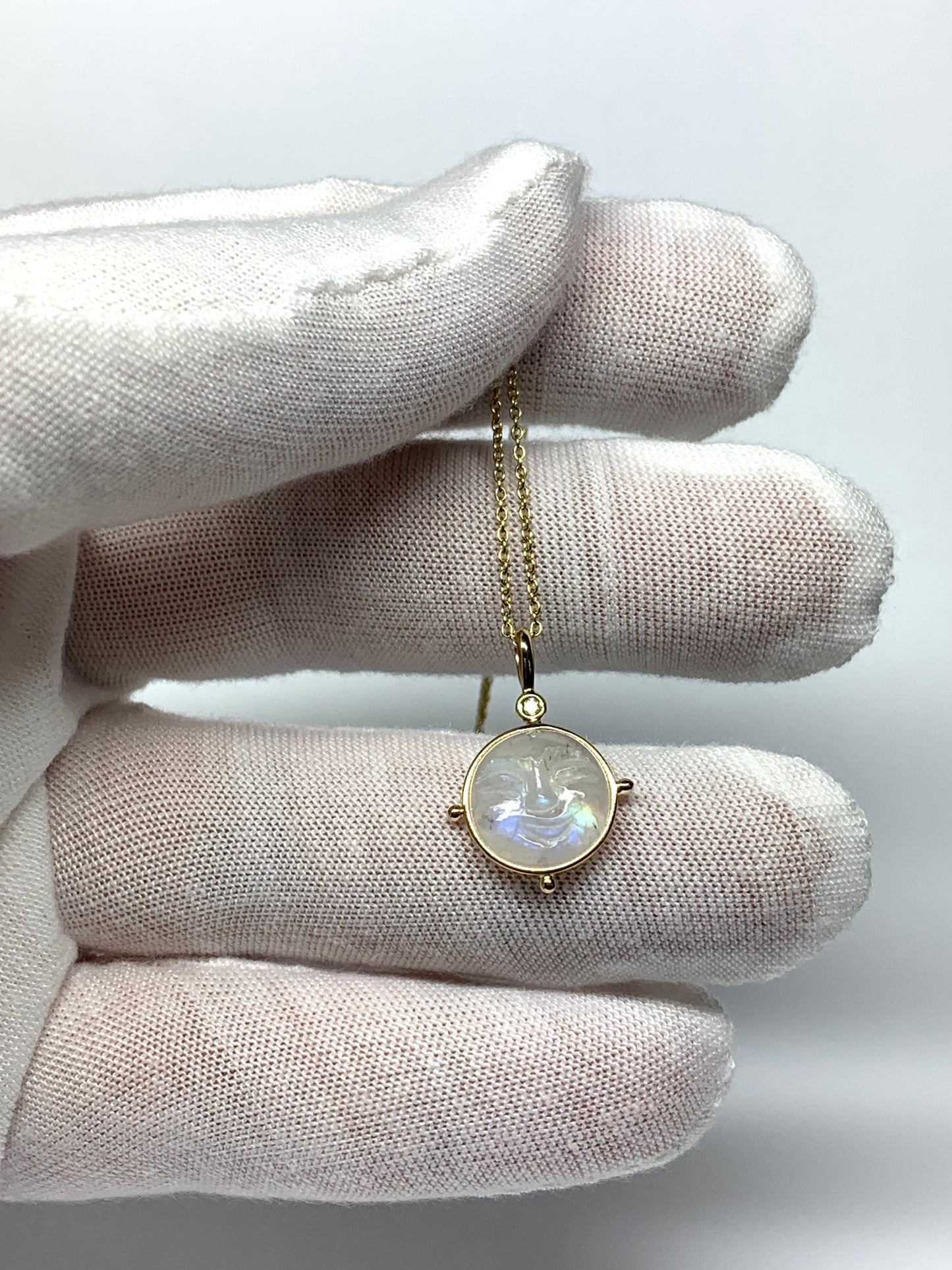 14k Solid Yellow Gold, White Diamond, Rainbow Moonstone “Moon Baby” Pendant, Small Size