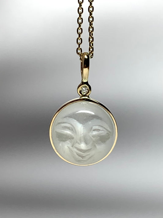 14k Solid Yellow Gold, White Diamond, White Moonstone “Moon and Star” Pendant, Small Size