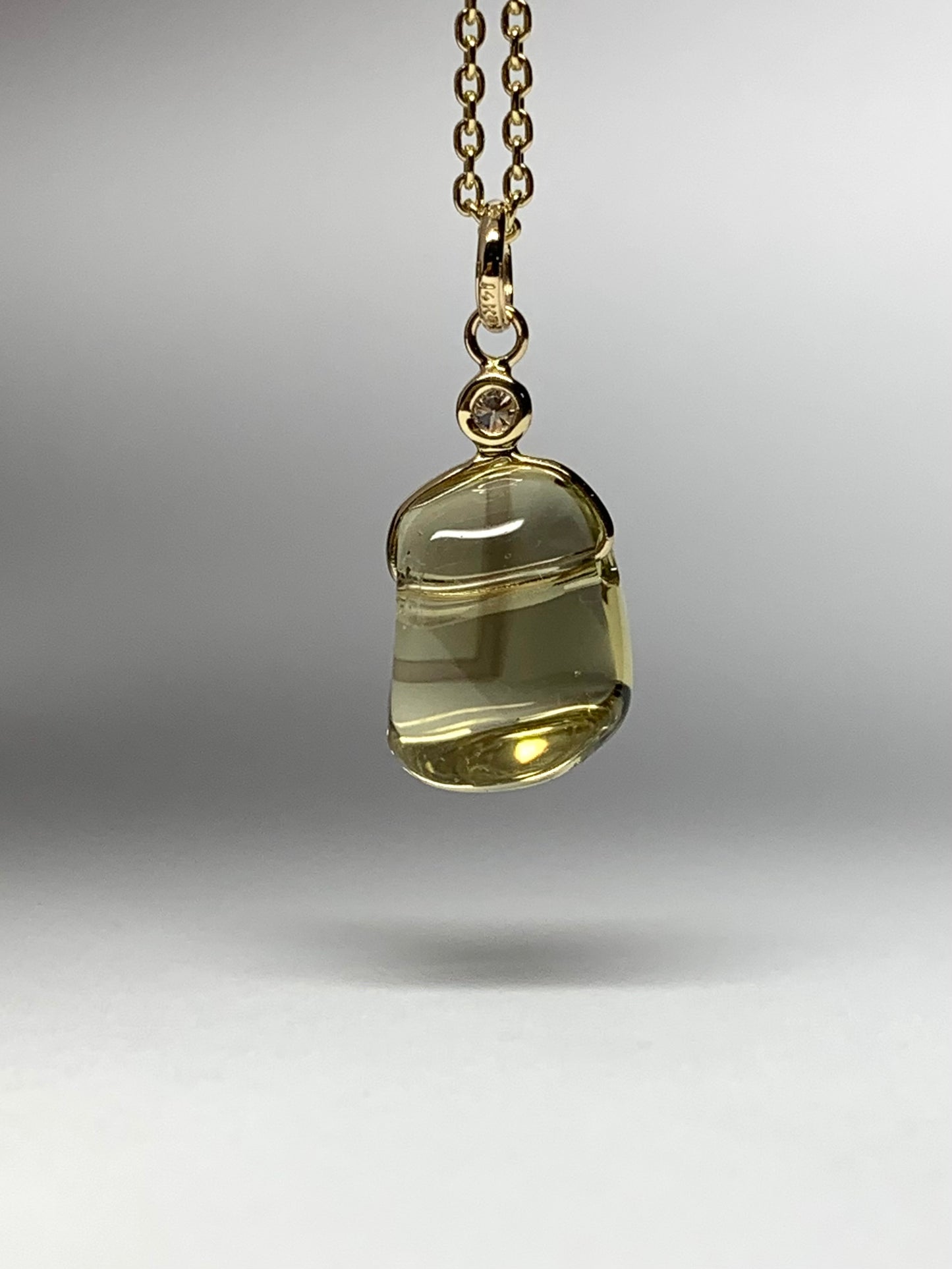 14k Solid Yellow Gold, Diamond, Lemon Quartz Tumbled Nugget Bead Pendant, Mini Size