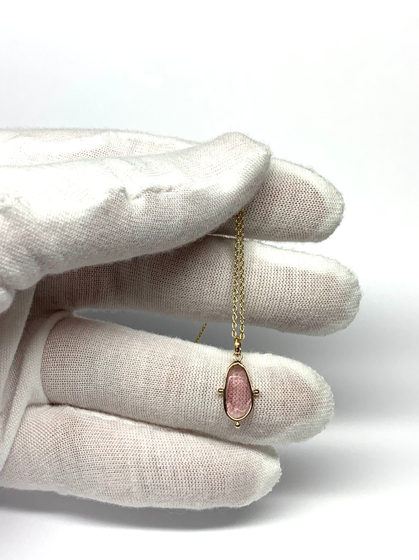 14k Solid Yellow Gold, Natural Pink Tourmaline Mini Pendant, Golden Dots