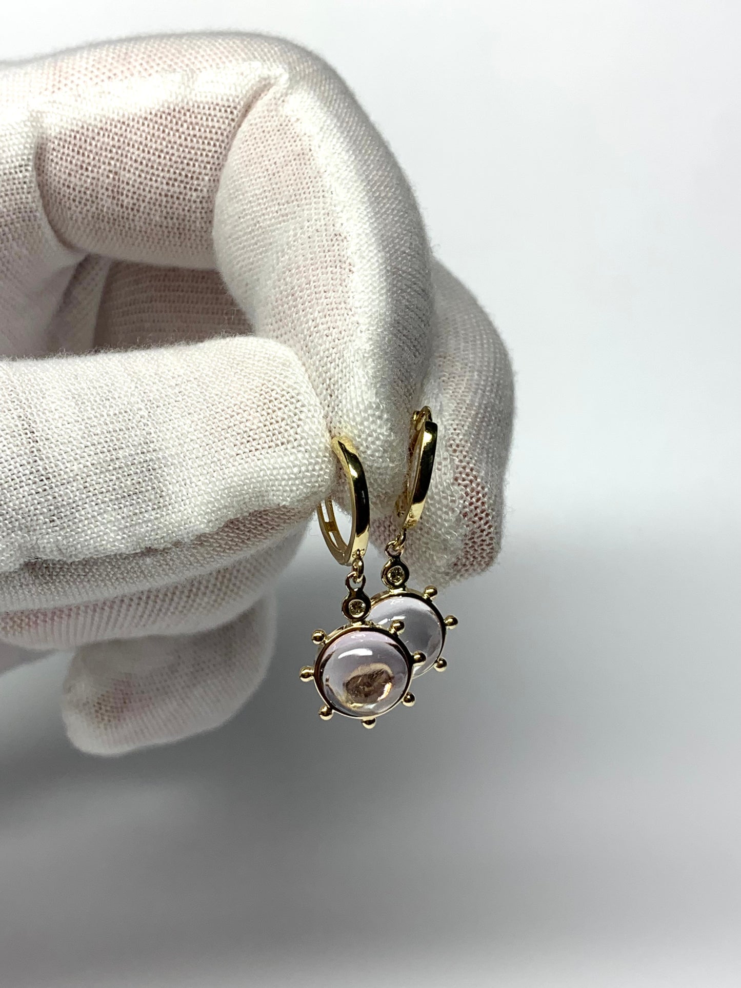 14k Solid Yellow Gold, Diamonds, Pale Pink Amethyst “Sun” Mini Earrings