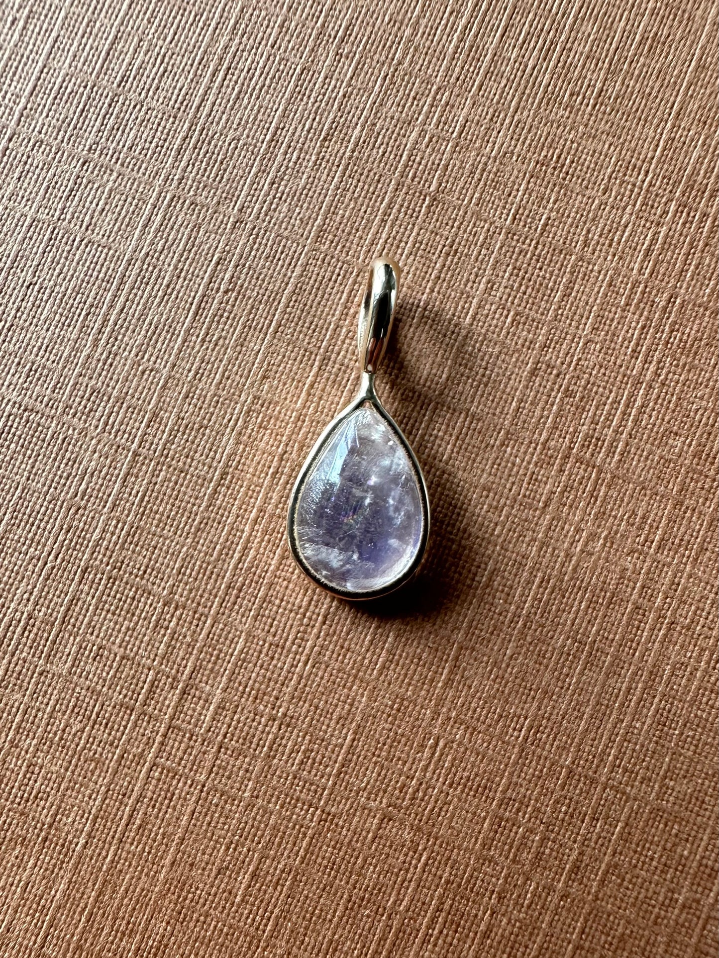 Mini Pendant “Moon Drop”, 14k Solid Yellow Gold, Natural Rainbow Blue Moonstone