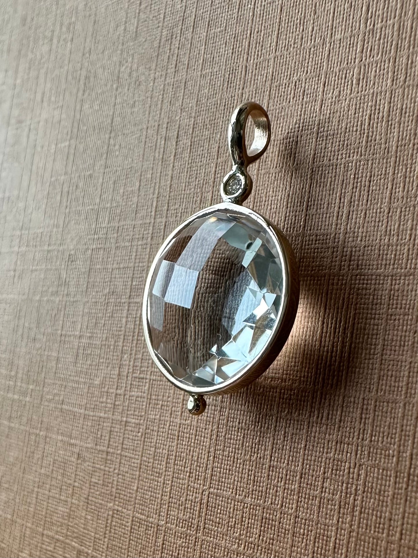 14K Solid Yellow Gold, Diamond, Round Clear Quartz Drop Pendant