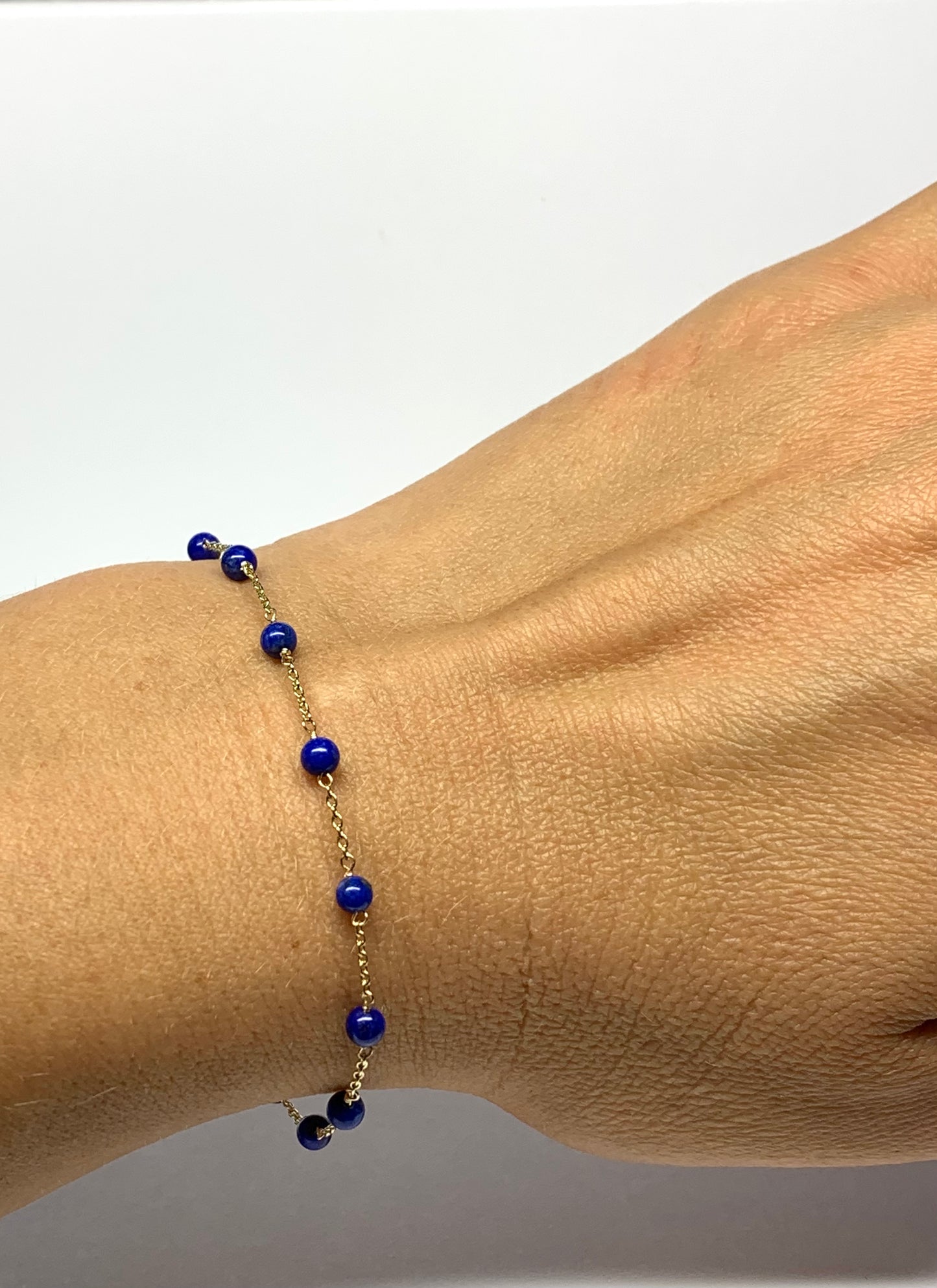 14k Solid Yellow Gold, Blue Lapis Lazuli Beads Station Bracelet