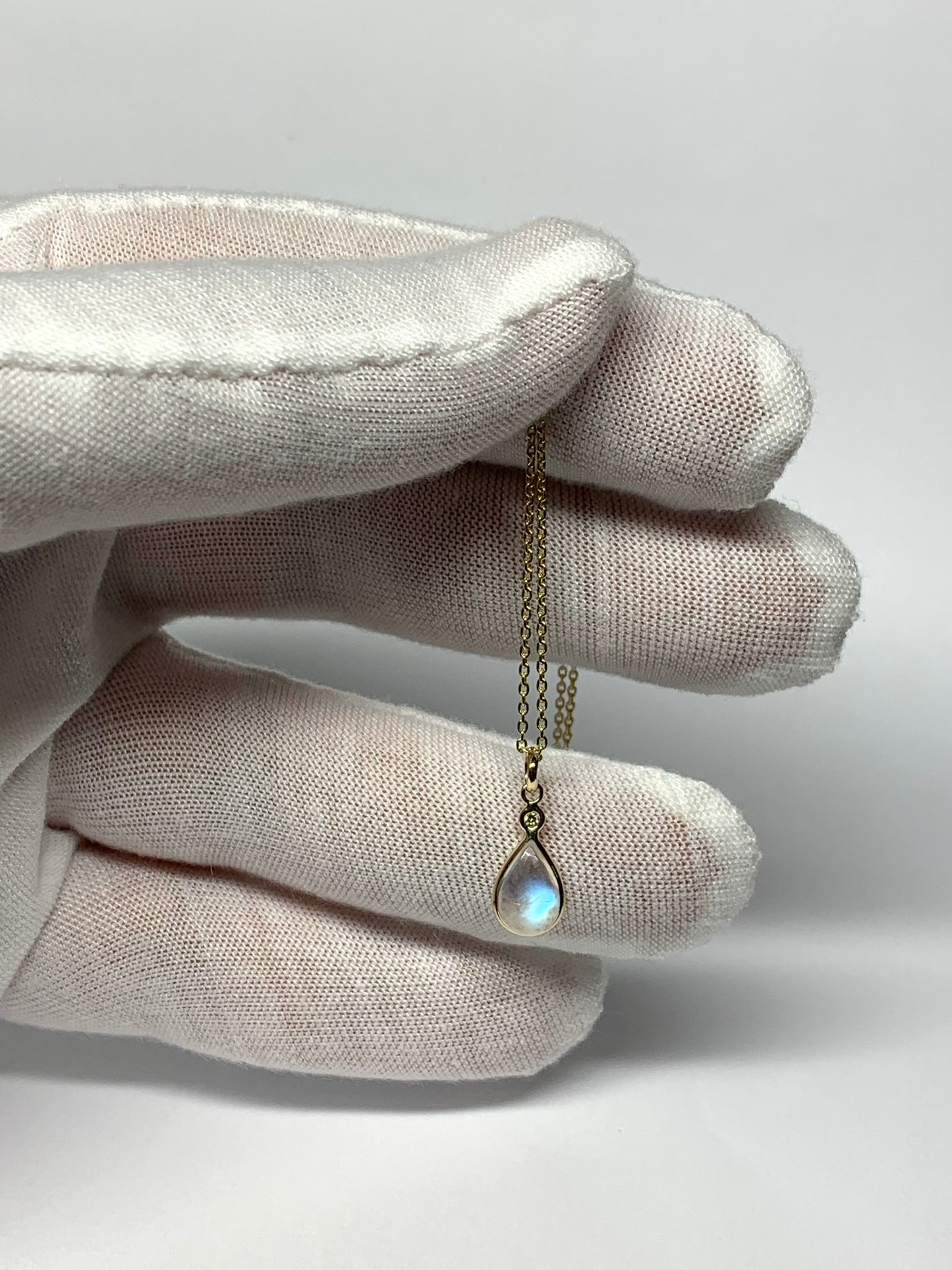 14k Solid Yellow Gold, Diamond, Pear Shaped Blue Rainbow Moonstone Mini Pendant