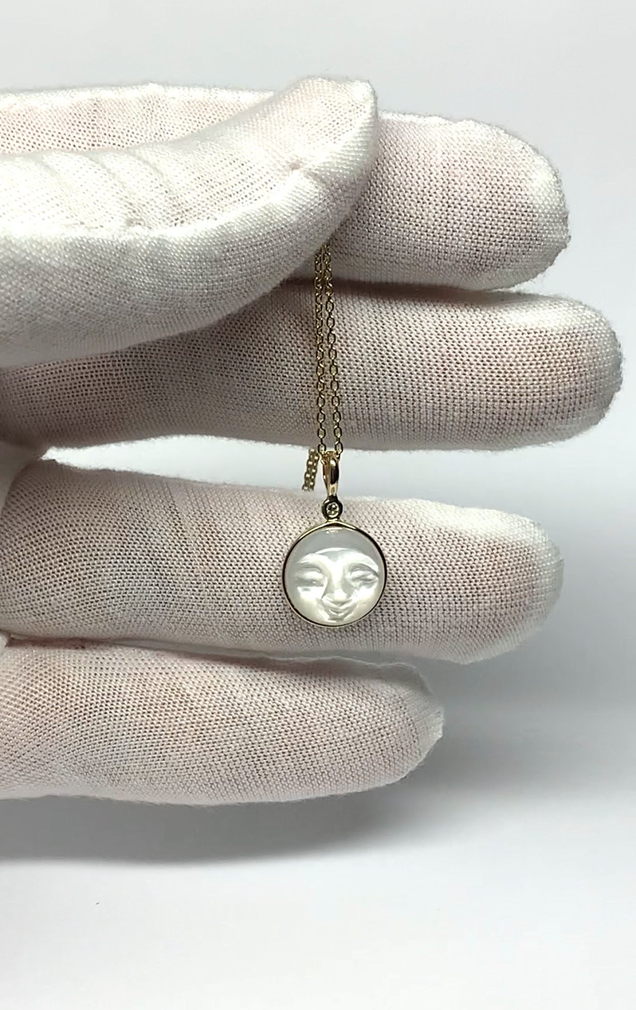 14k Solid Yellow Gold, White Diamond, White Moonstone “Moon and Star” Pendant, Small Size