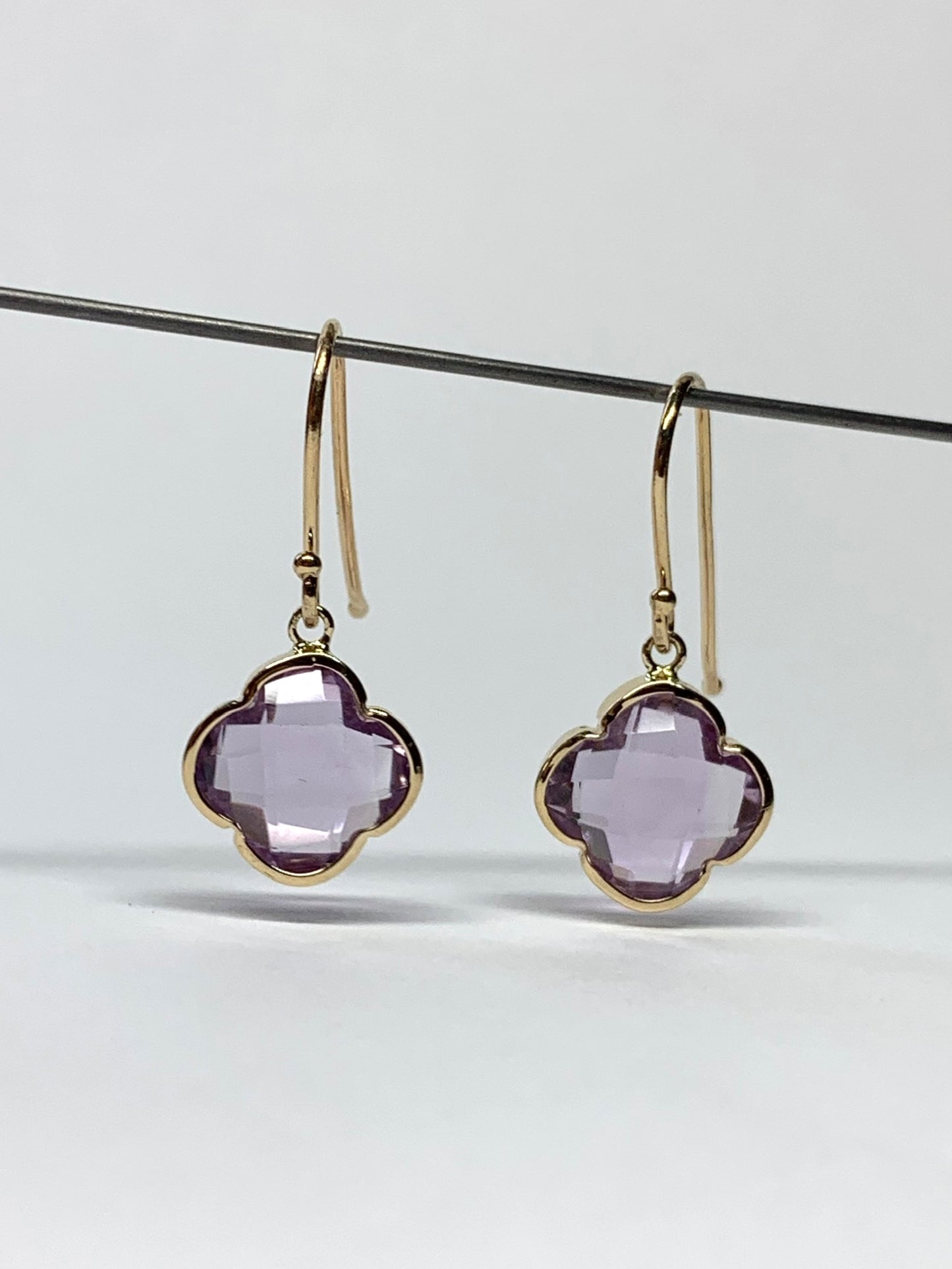 14k Solid Yellow Gold, Pink Amethyst “Clover” Mini Earrings, Fish Hook Ear Wires, French Wire