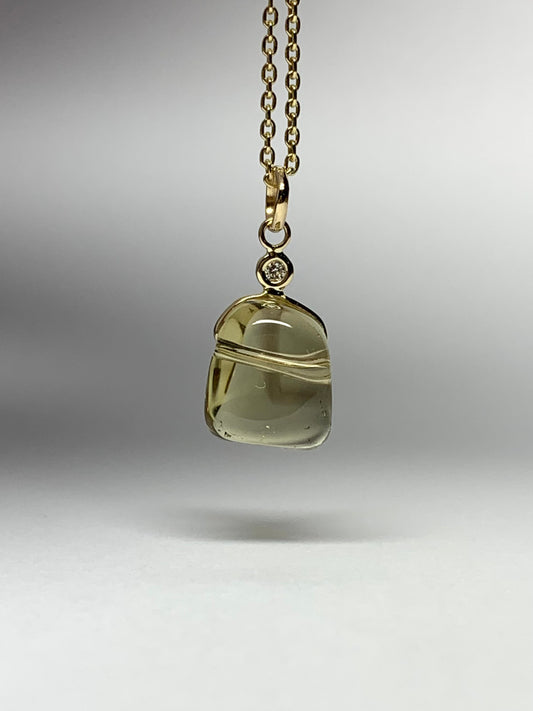 14k Solid Yellow Gold, Diamond, Lemon Quartz Tumbled Nugget Bead Pendant, Mini Size