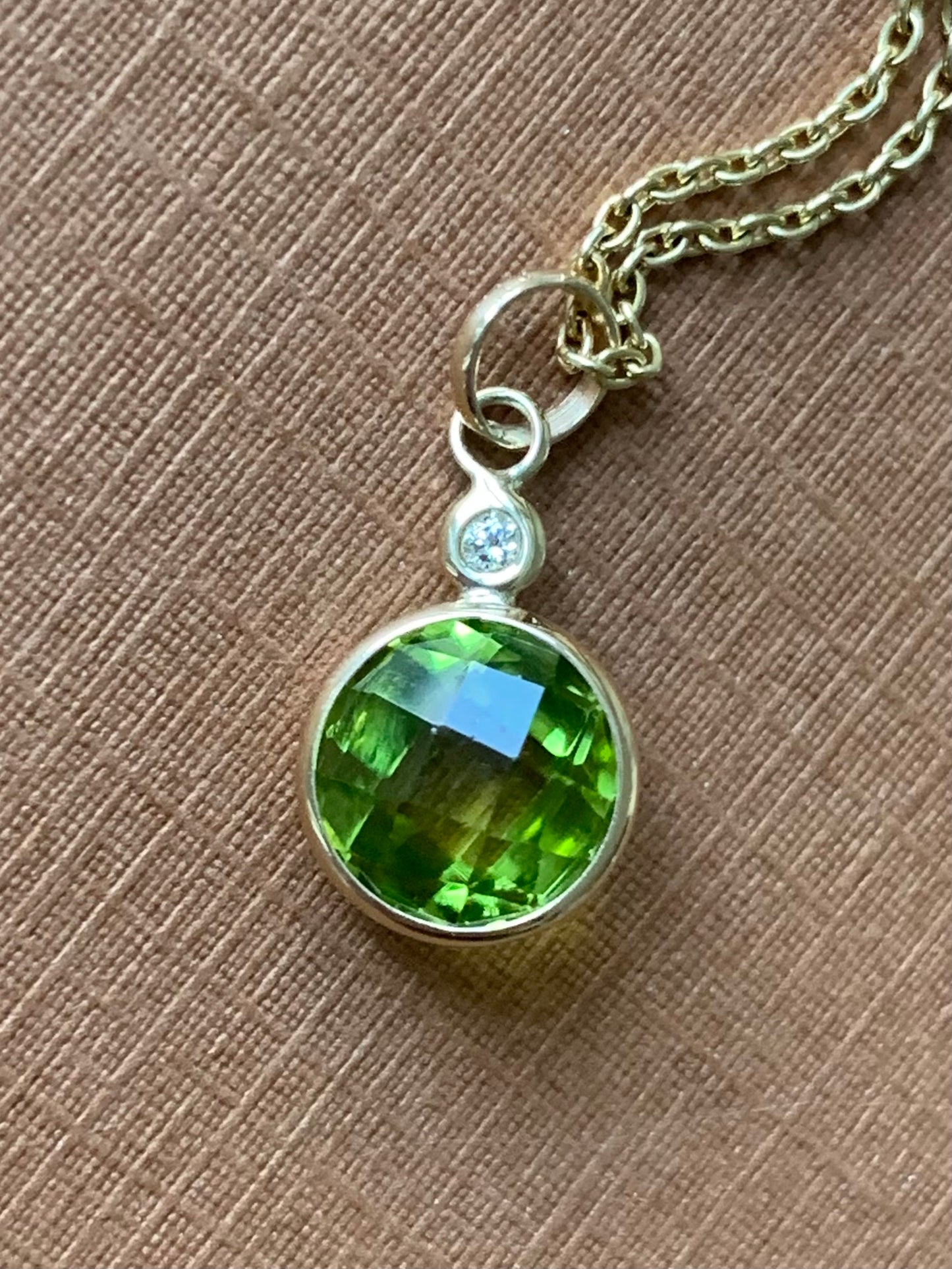 14k Solid Yellow Gold, Diamond, Green Peridot Mini Pendant