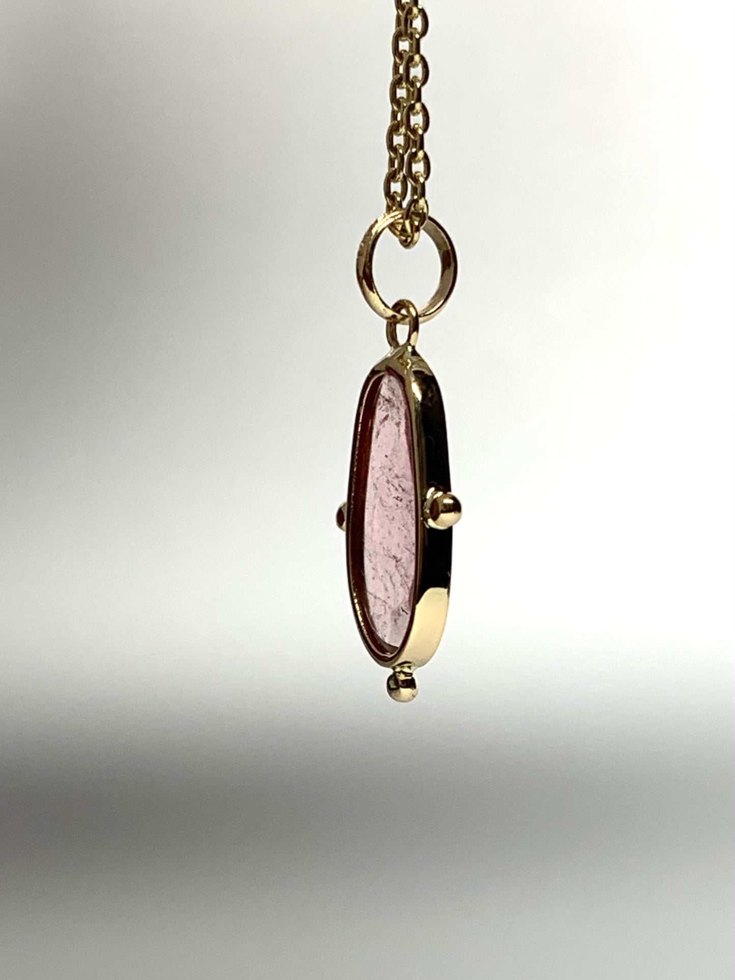 14k Solid Yellow Gold, Natural Pink Tourmaline Mini Pendant, Golden Dots