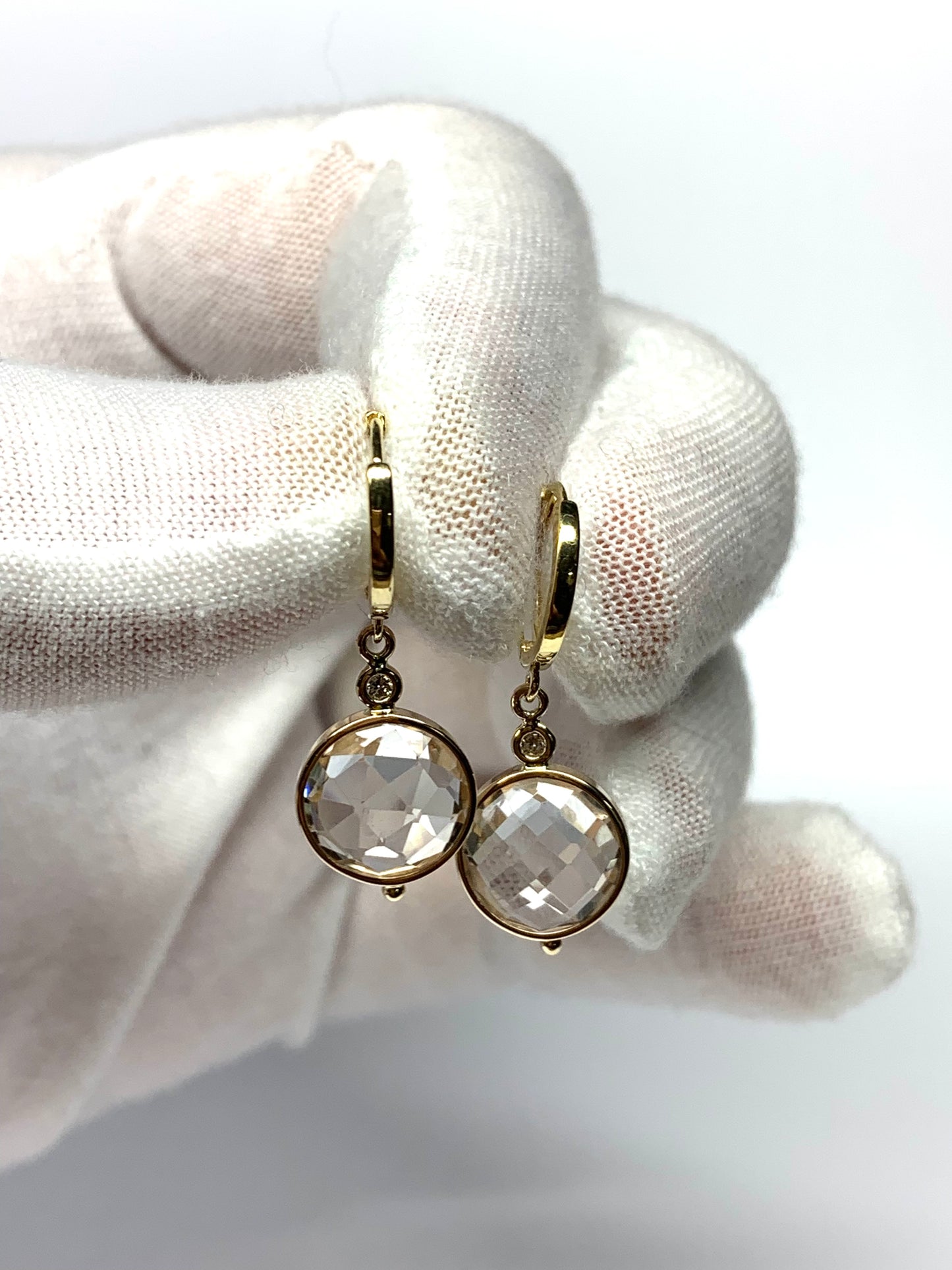 14k Solid Yellow Gold, Natural Diamonds, Clear Quartz Dangling Drop Hoops Earrings