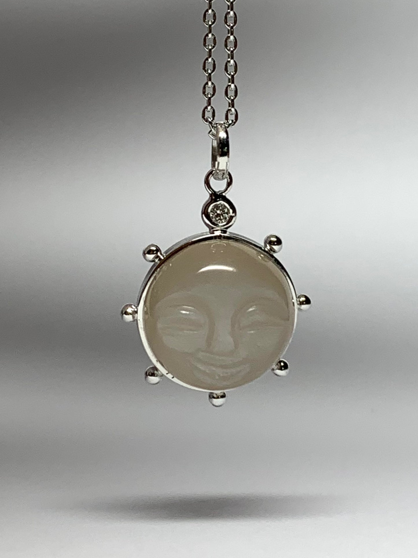 14k Solid White Gold, Grey Moonstone, Diamond “Sun” Pendant, Small Size