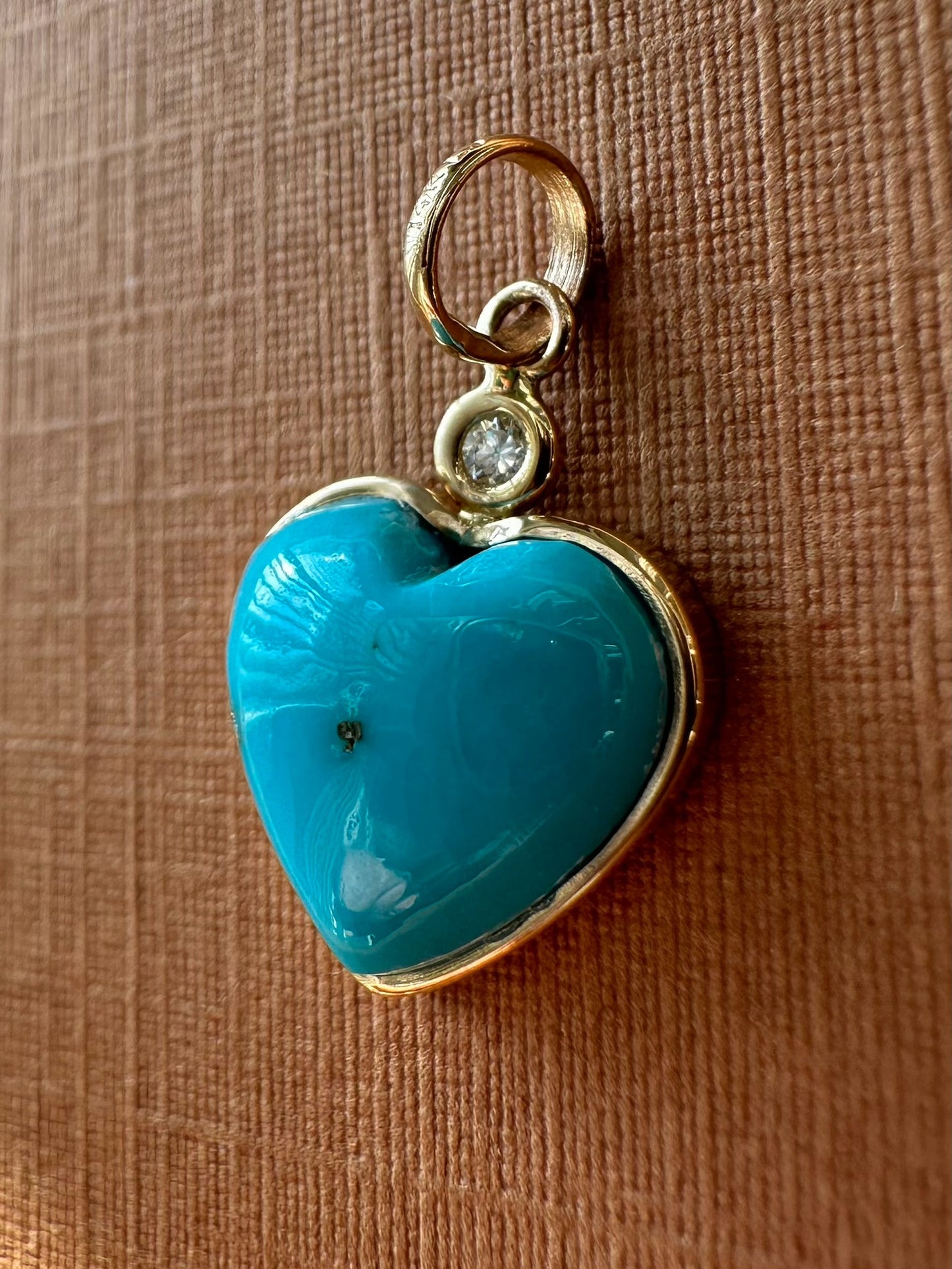 14k Solid Yellow Gold, Diamond, Sleeping Beauty Blue Turquoise “Heart” Mini Pendant