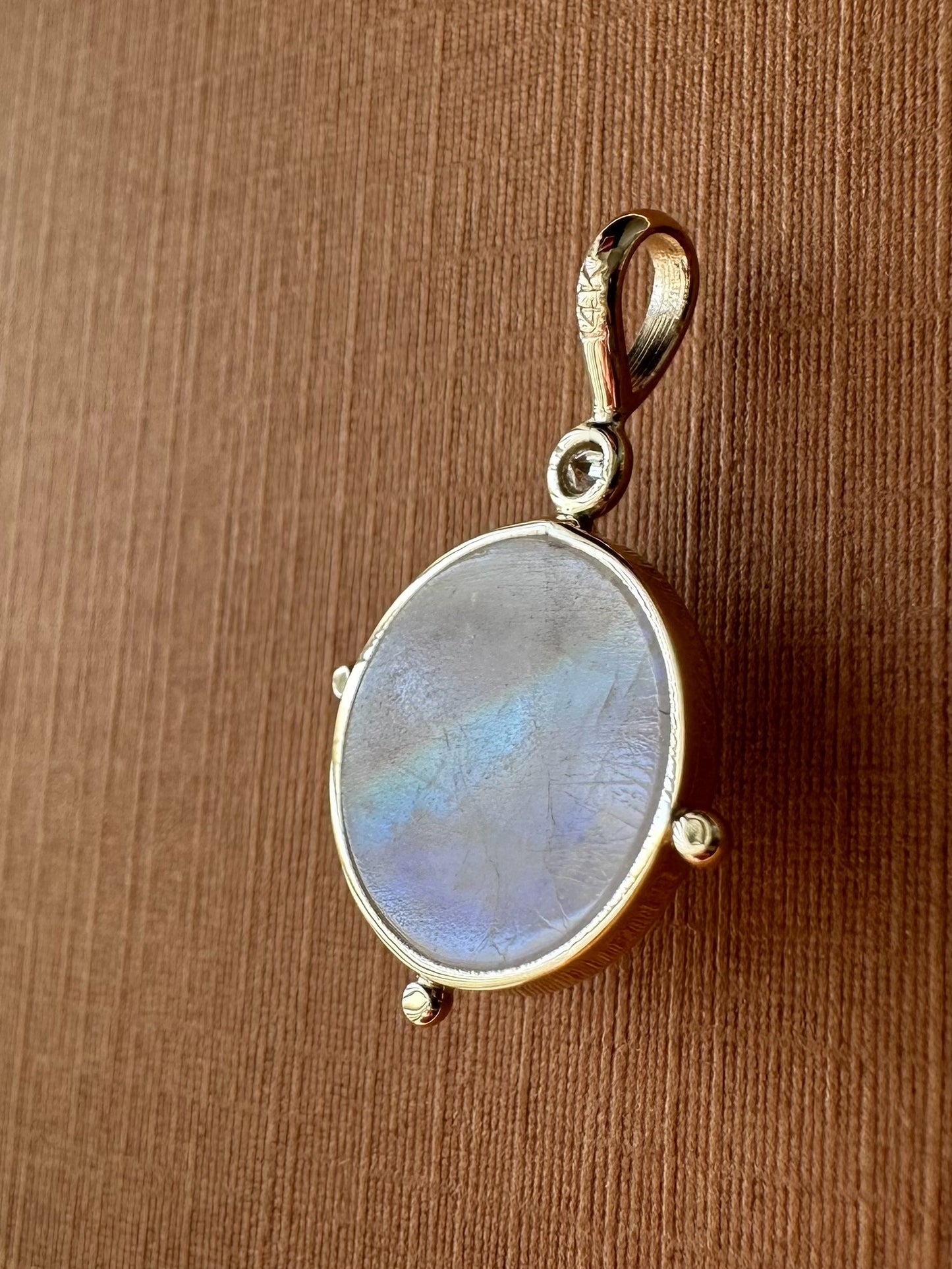 14k Solid Yellow Gold, White Diamond, Rainbow Moonstone “Moon Baby” Pendant, Small Size