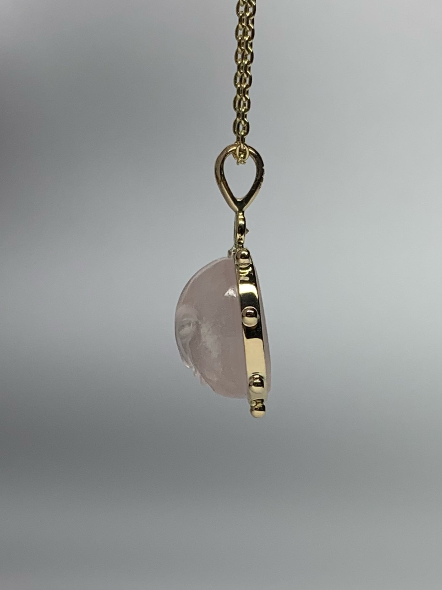 14k Solid Yellow Gold, Rose Pink Quartz, Diamond “Sun” Pendant