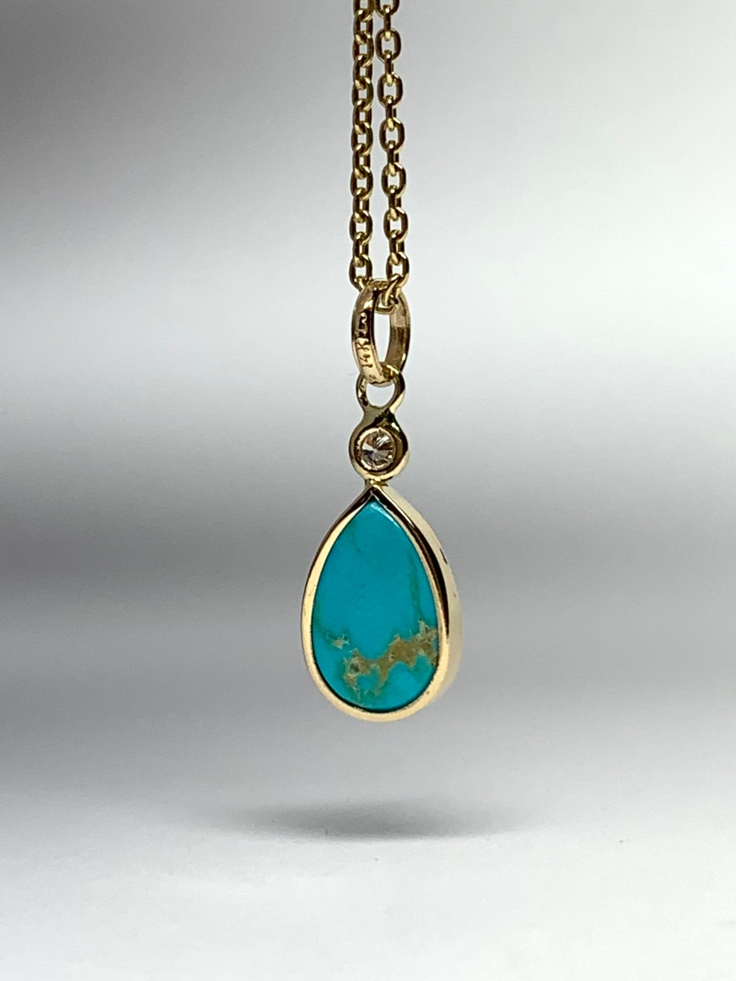 14k Solid Yellow Gold, Diamond, Sleeping Beauty Turquoise Tiny Pendant