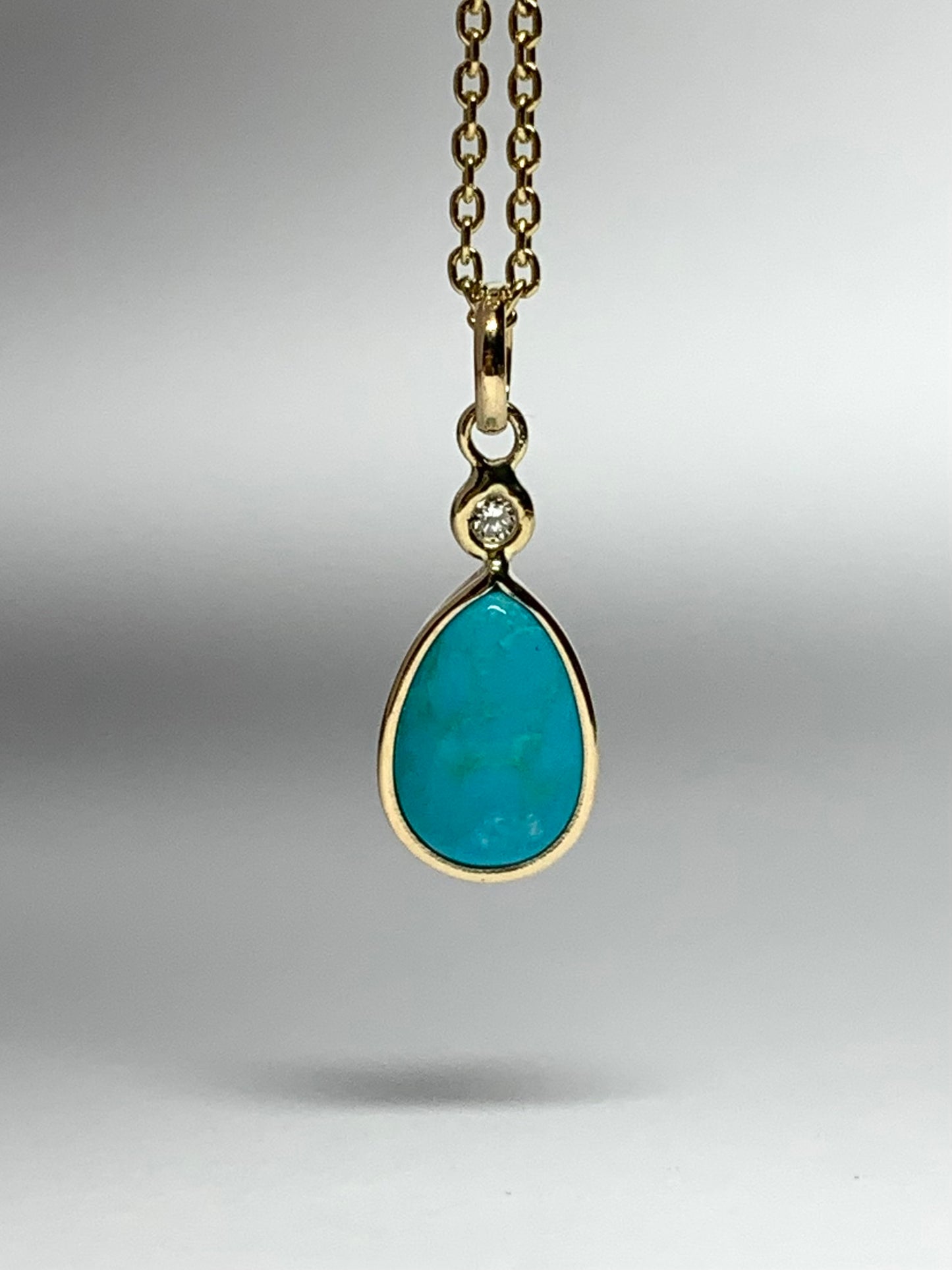 14k Solid Yellow Gold, Diamond, Sleeping Beauty Turquoise Tiny Pendant