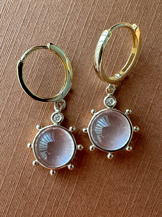 14k Solid Yellow Gold, Diamonds, Rose Pink Quartz “Sun” Mini Earrings