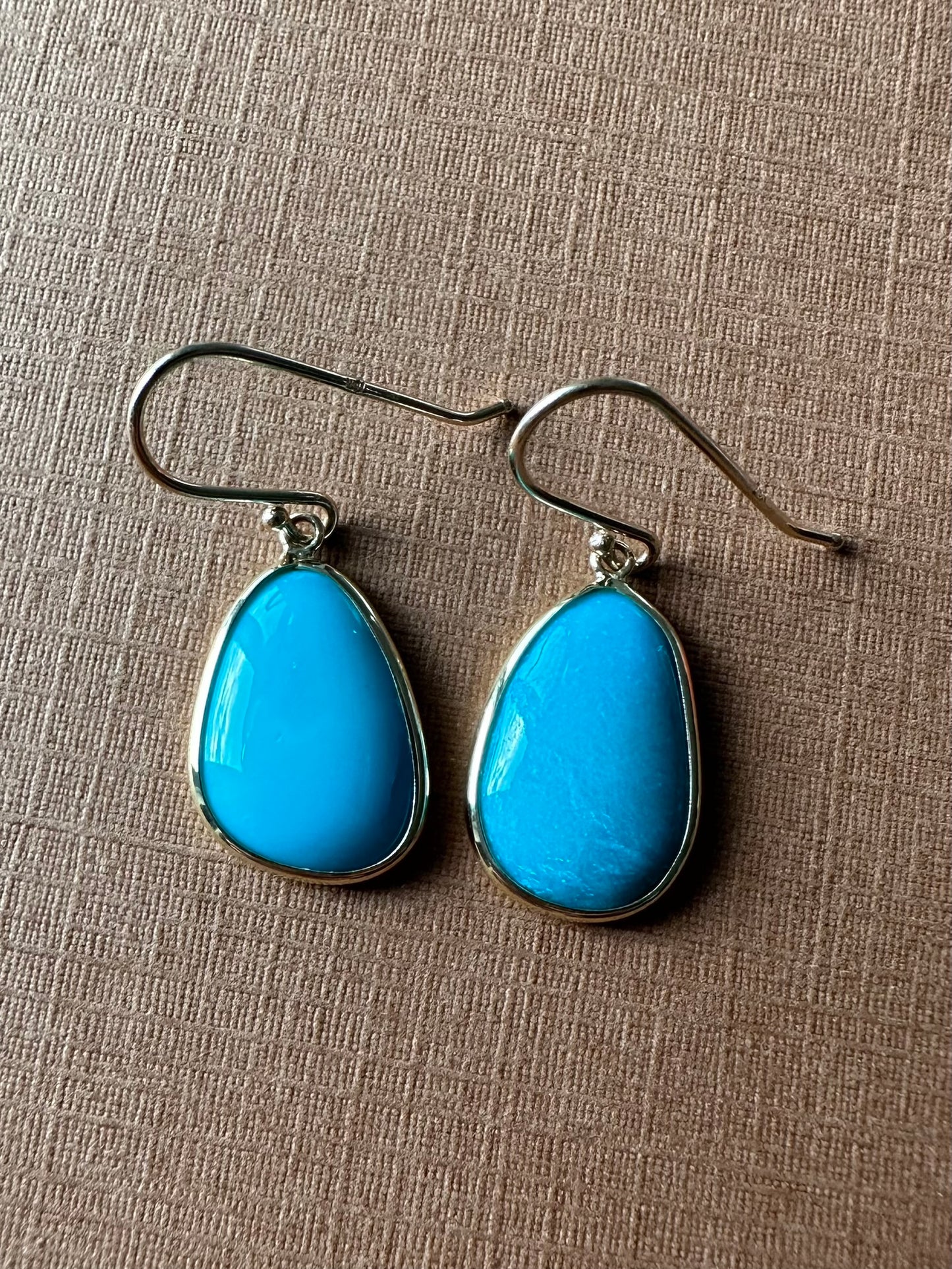 18k Solid Yellow Gold, Natural Sleeping Beauty Turquoise Drop Earrings