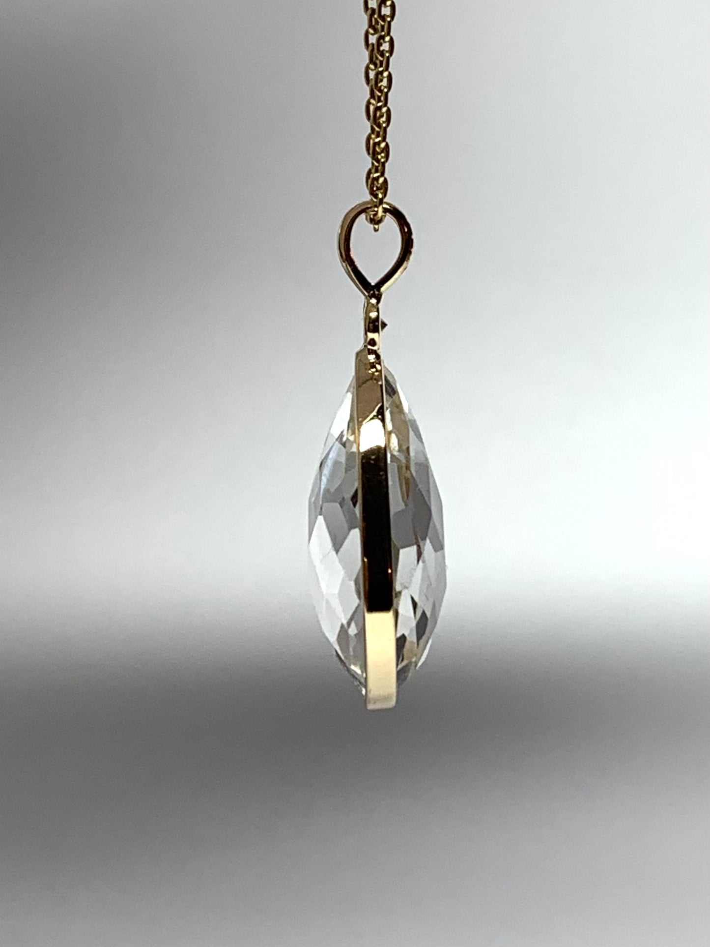 14K Solid Yellow Gold, Diamond, Clear Quartz Drop Pendant