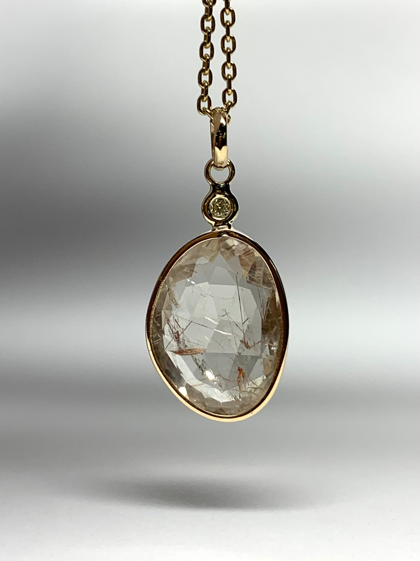 14k Solid Yellow Gold, Diamond, Rutile Quartz Pendant