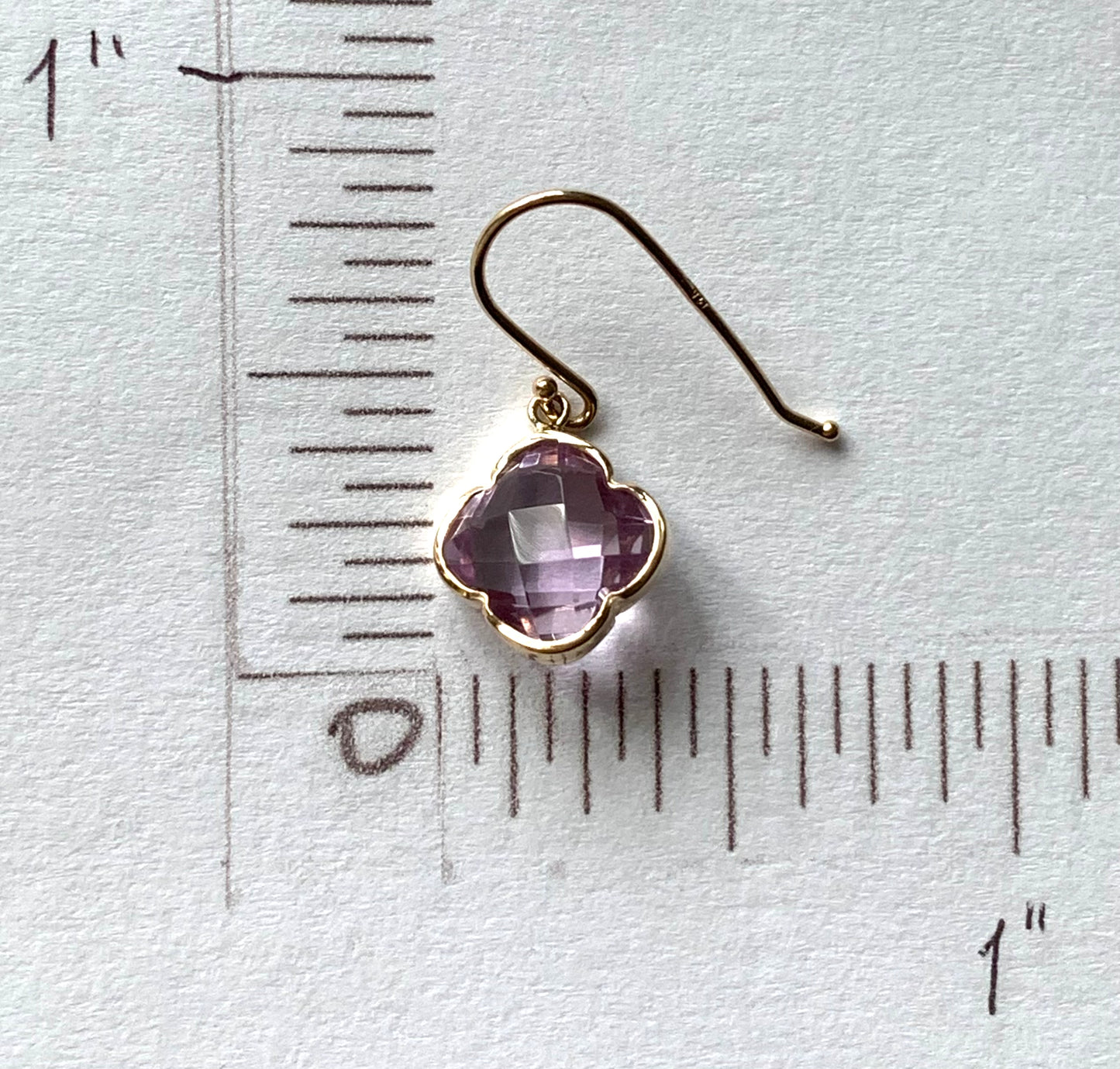 14k Solid Yellow Gold, Pink Amethyst “Clover” Mini Earrings, Fish Hook Ear Wires, French Wire