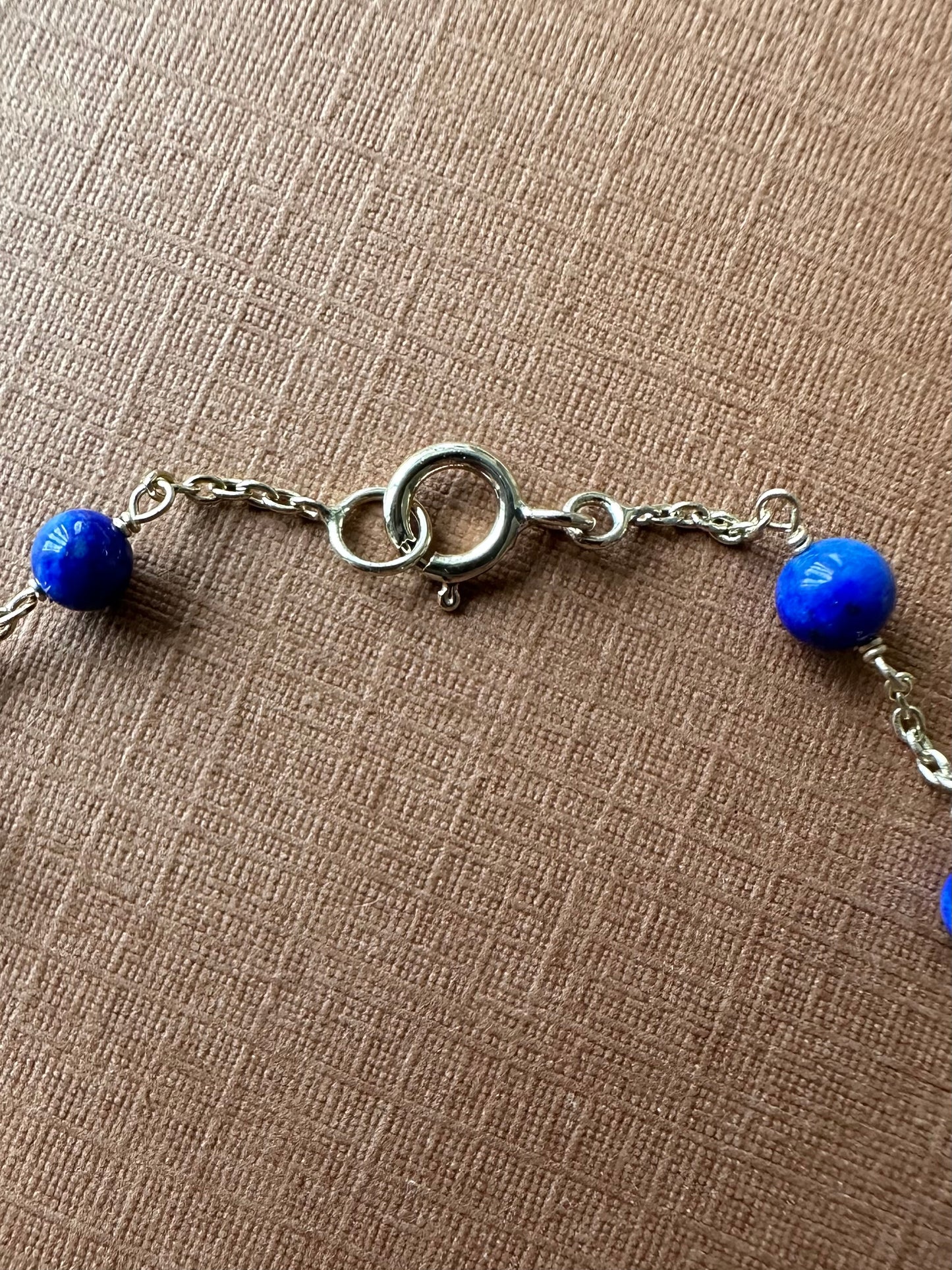 14k Solid Yellow Gold, Blue Lapis Lazuli Beads Station Bracelet