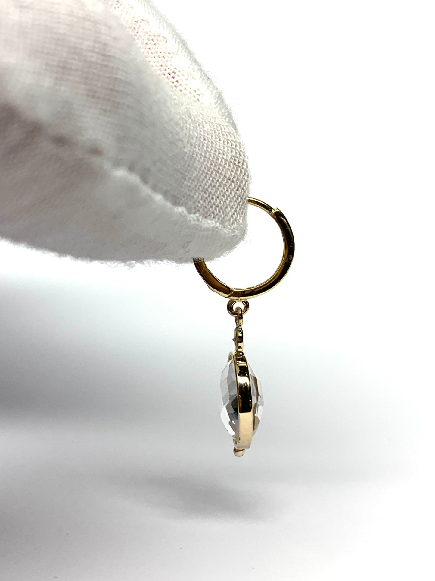 14k Solid Yellow Gold, Natural Diamonds, Clear Quartz Dangling Drop Hoops Earrings