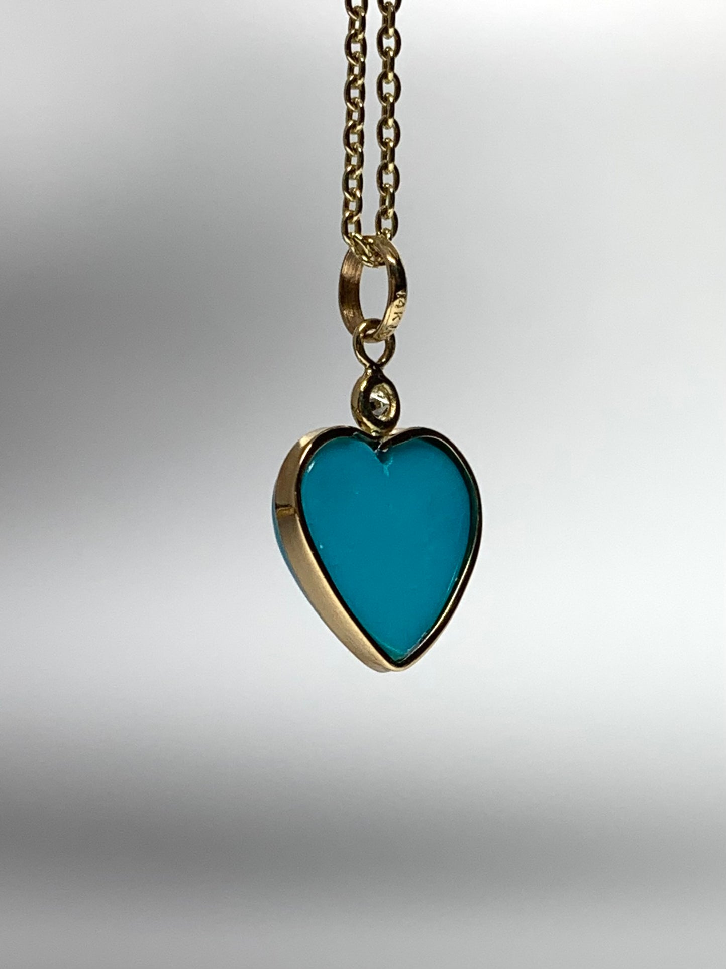 14k Solid Yellow Gold, Diamond, Sleeping Beauty Blue Turquoise “Heart” Mini Pendant