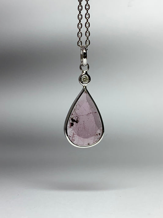 14k Solid White Gold, Diamond, Pink Tourmaline Drop Pendant, Small Size