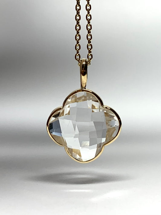 14k Solid Yellow Gold, Genuine Clear Quartz Pendant “Clover”