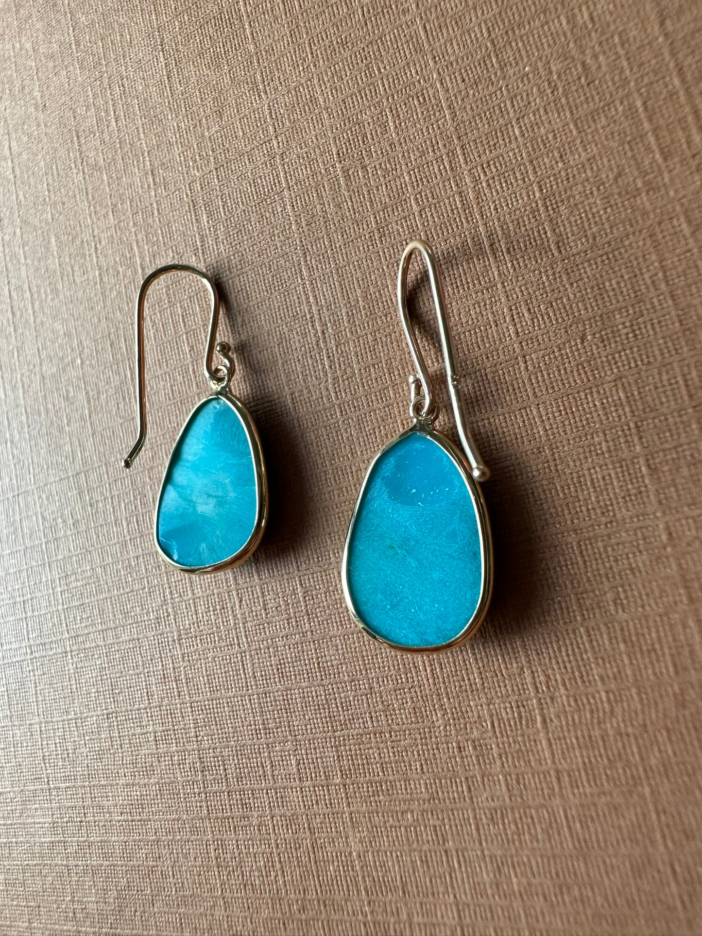 18k Solid Yellow Gold, Natural Sleeping Beauty Turquoise Drop Earrings