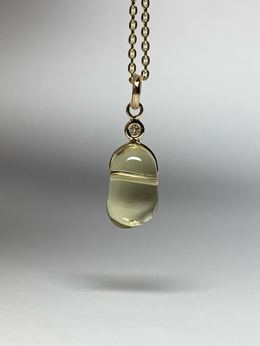 14k Solid Yellow Gold, Diamond, Lemon Quartz Tumbled Nugget Bead Pendant, Mini Size