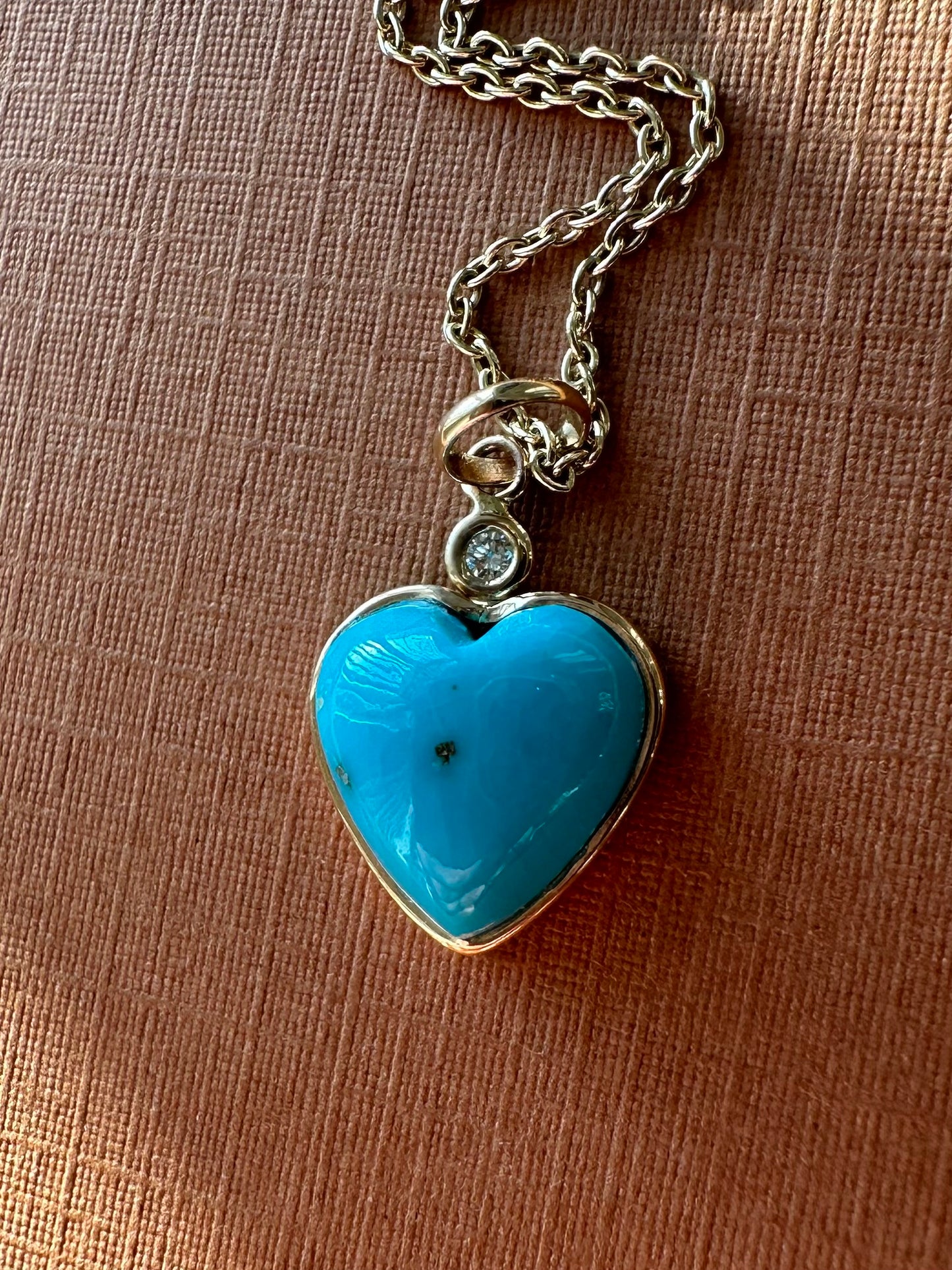 14k Solid Yellow Gold, Diamond, Sleeping Beauty Blue Turquoise “Heart” Mini Pendant