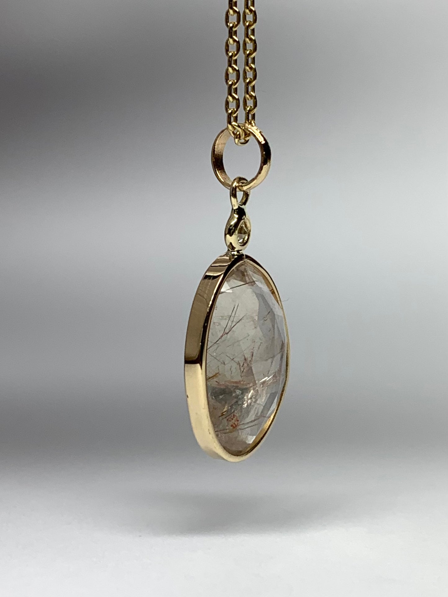 14k Solid Yellow Gold, Diamond, Rutile Quartz Pendant