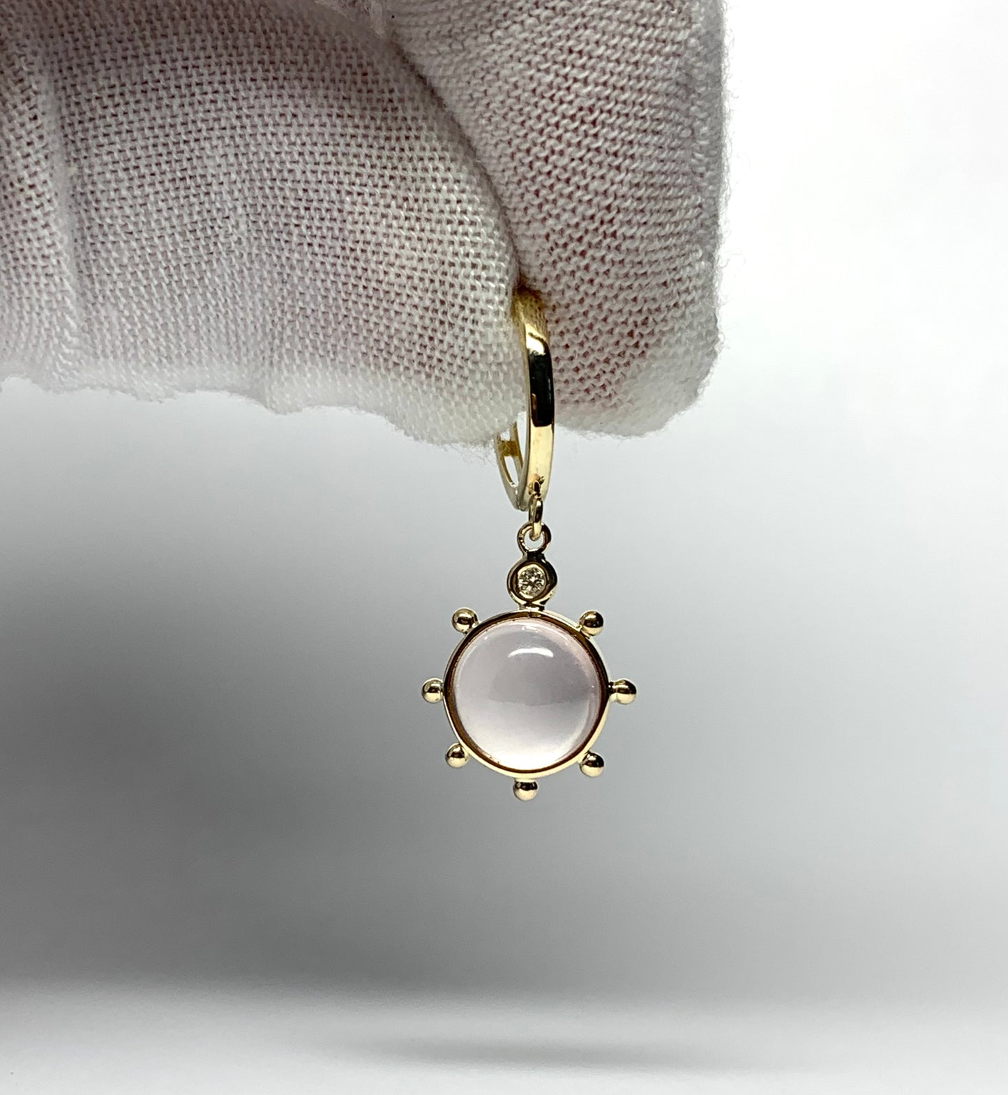 14k Solid Yellow Gold, Diamonds, Rose Pink Quartz “Sun” Mini Earrings