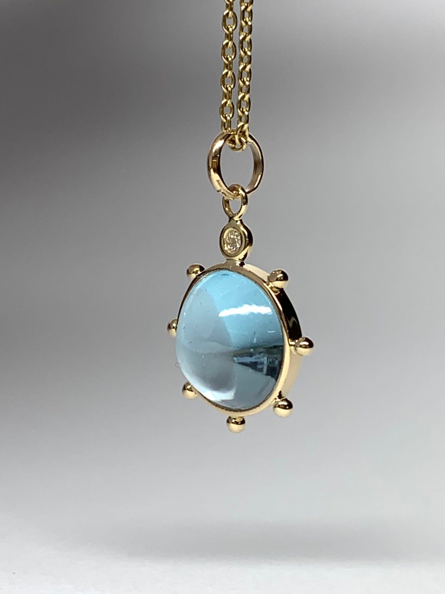 14k Solid Yellow Gold, Blue Topaz, Diamond “Sun” Pendant, Mini Size