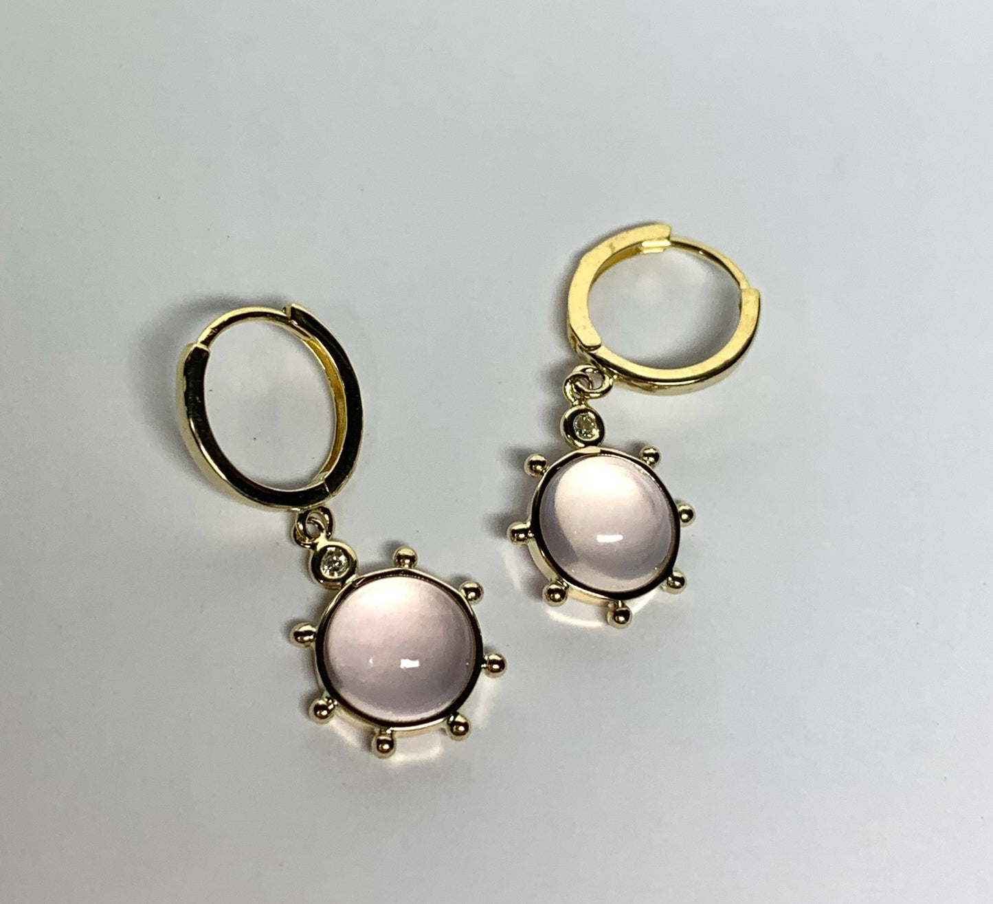 14k Solid Yellow Gold, Diamonds, Rose Pink Quartz “Sun” Mini Earrings