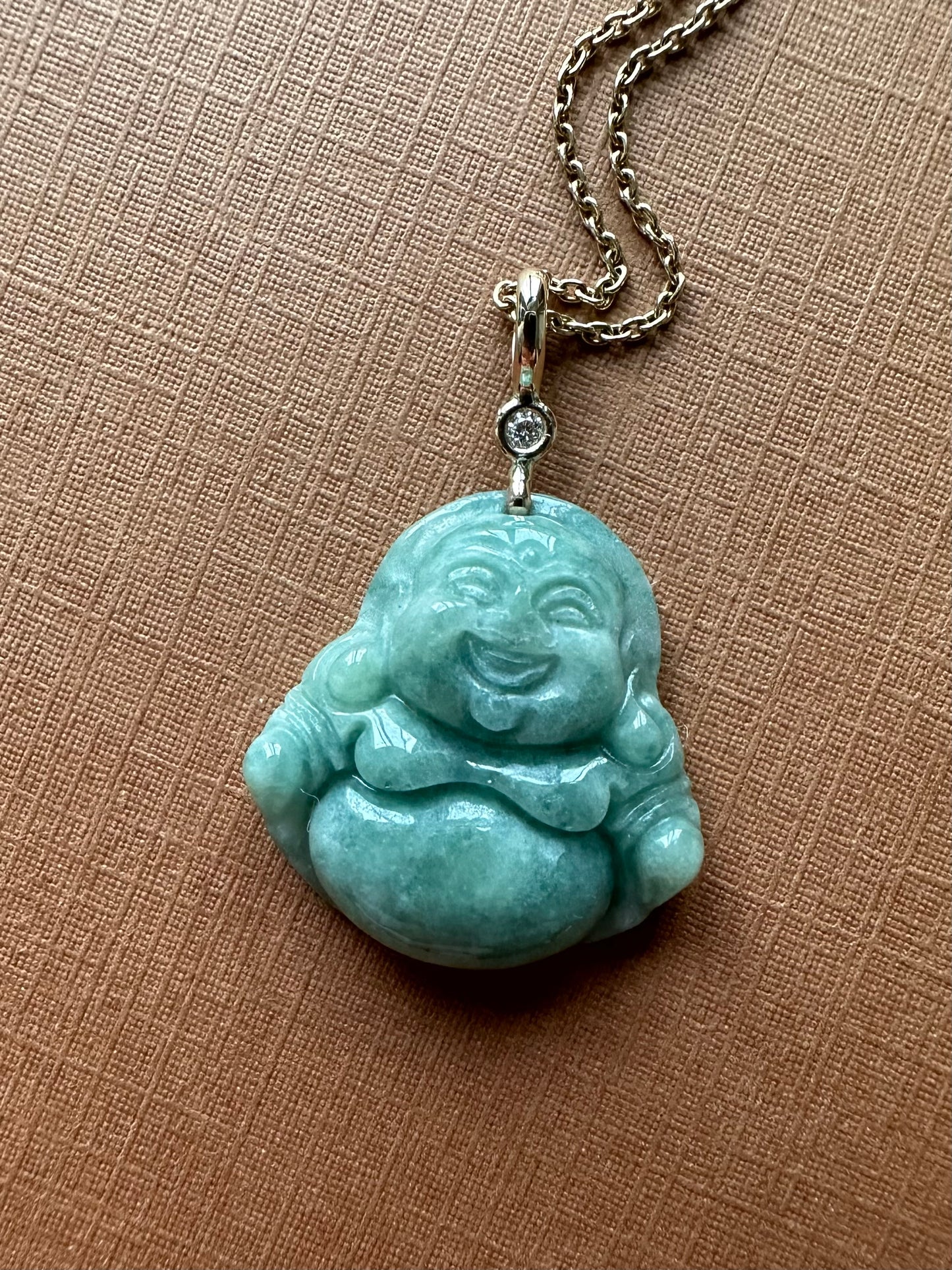 14K Solid Yellow Gold, Diamond, Pale Green Jade “Buddha” Pendant