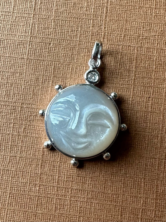 14k Solid White Gold, Grey Moonstone, Diamond “Sun” Pendant, Small Size